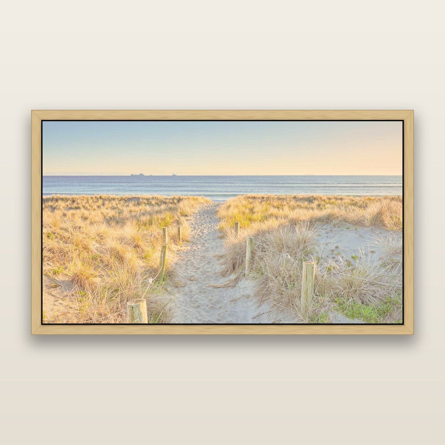 Golden Passage, Whakatāne — framed metallic canvas print, Natural frame. New Zealand fine art landscape wall art by Stephen Milner.