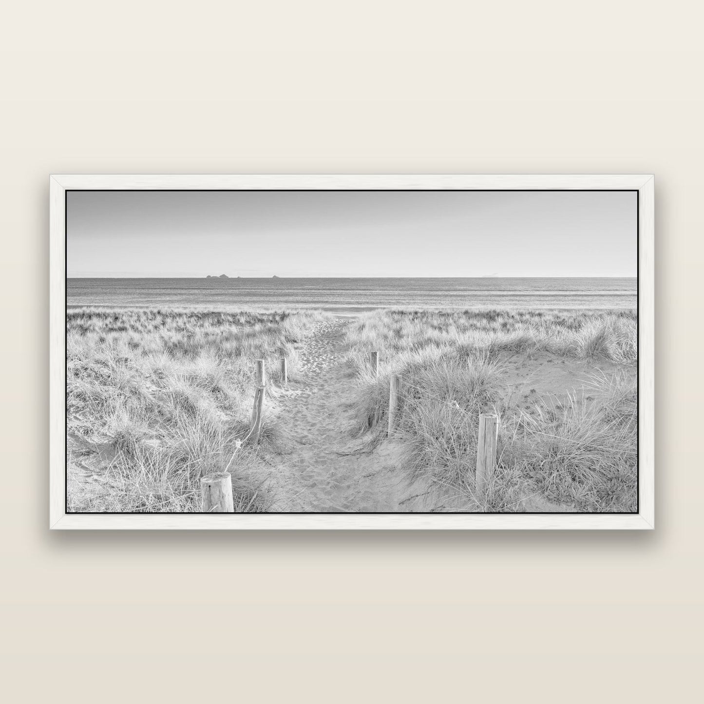 Passage to the Sea, Whakatāne, black and white framed metallic canvas print, White frame. New Zealand fine art wall art by Stephen Milner.