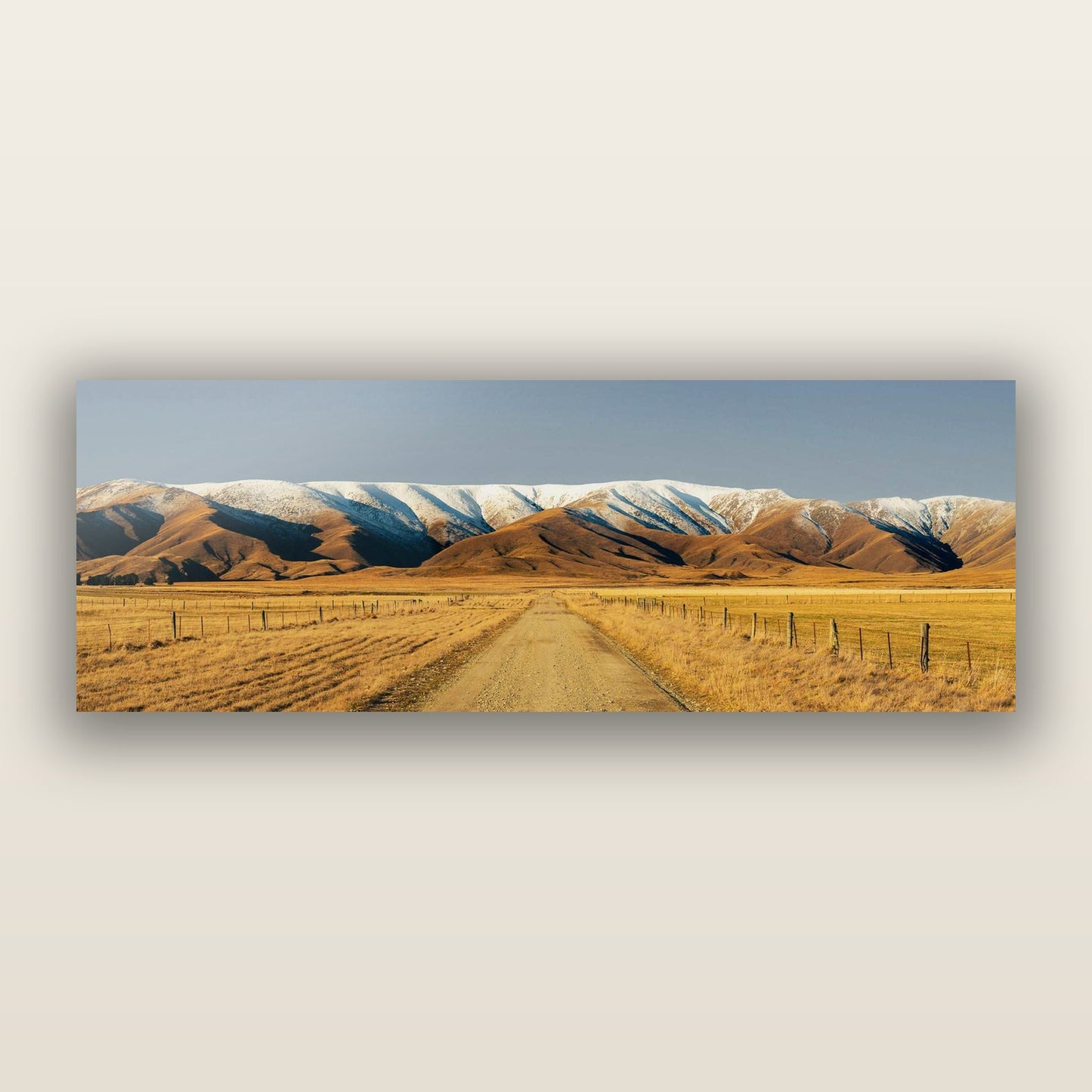 Golden Pathways, The Road to Hawkdun Heights — frameless acrylic glass print. New Zealand fine art landscape photography by Stephen Milner.