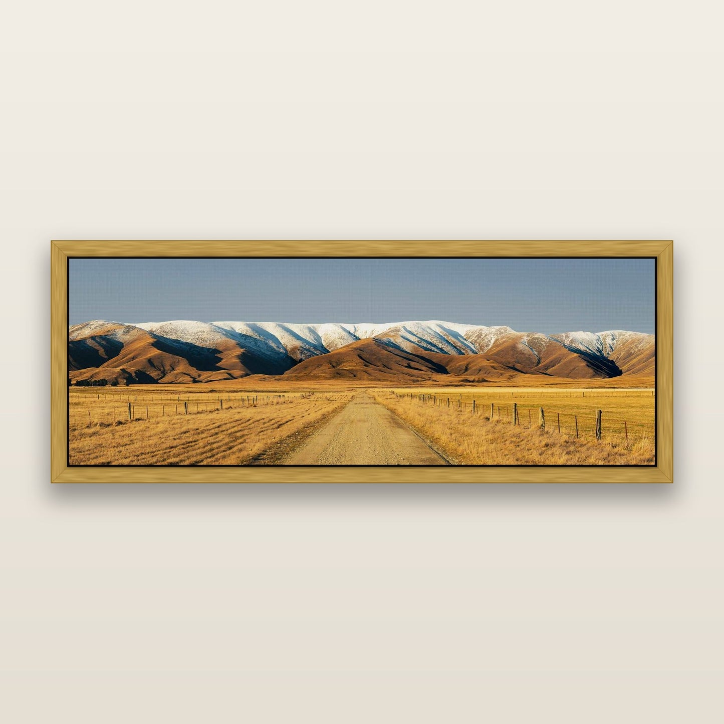 Golden Pathways, The Road to Hawkdun Heights — framed metallic canvas print, Antique Gold frame. New Zealand fine art landscape wall art by Stephen Milner.