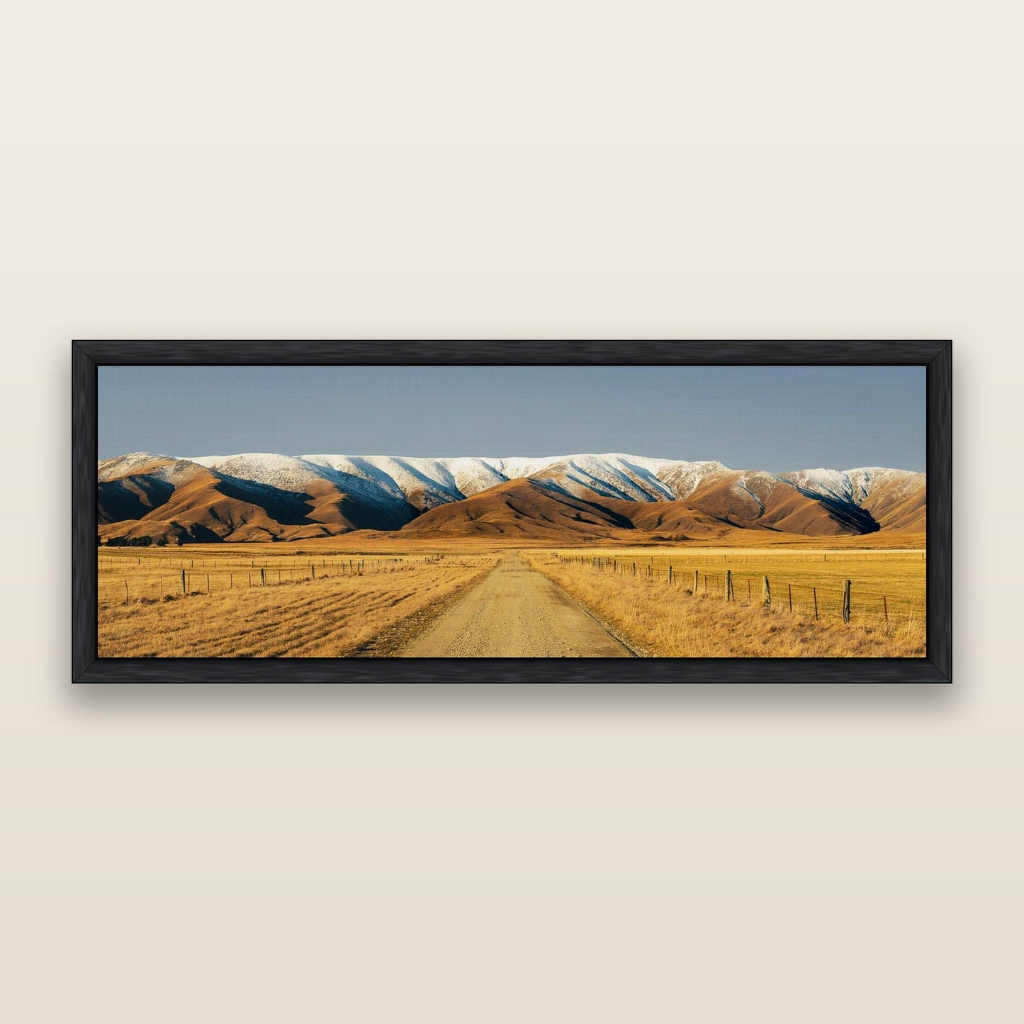 Golden Pathways, The Road to Hawkdun Heights — framed metallic canvas print, Black frame. New Zealand fine art landscape wall art by Stephen Milner.