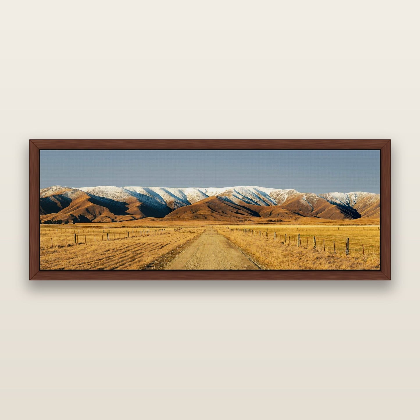 Golden Pathways, The Road to Hawkdun Heights — framed metallic canvas print, Brown frame. New Zealand fine art landscape wall art by Stephen Milner.