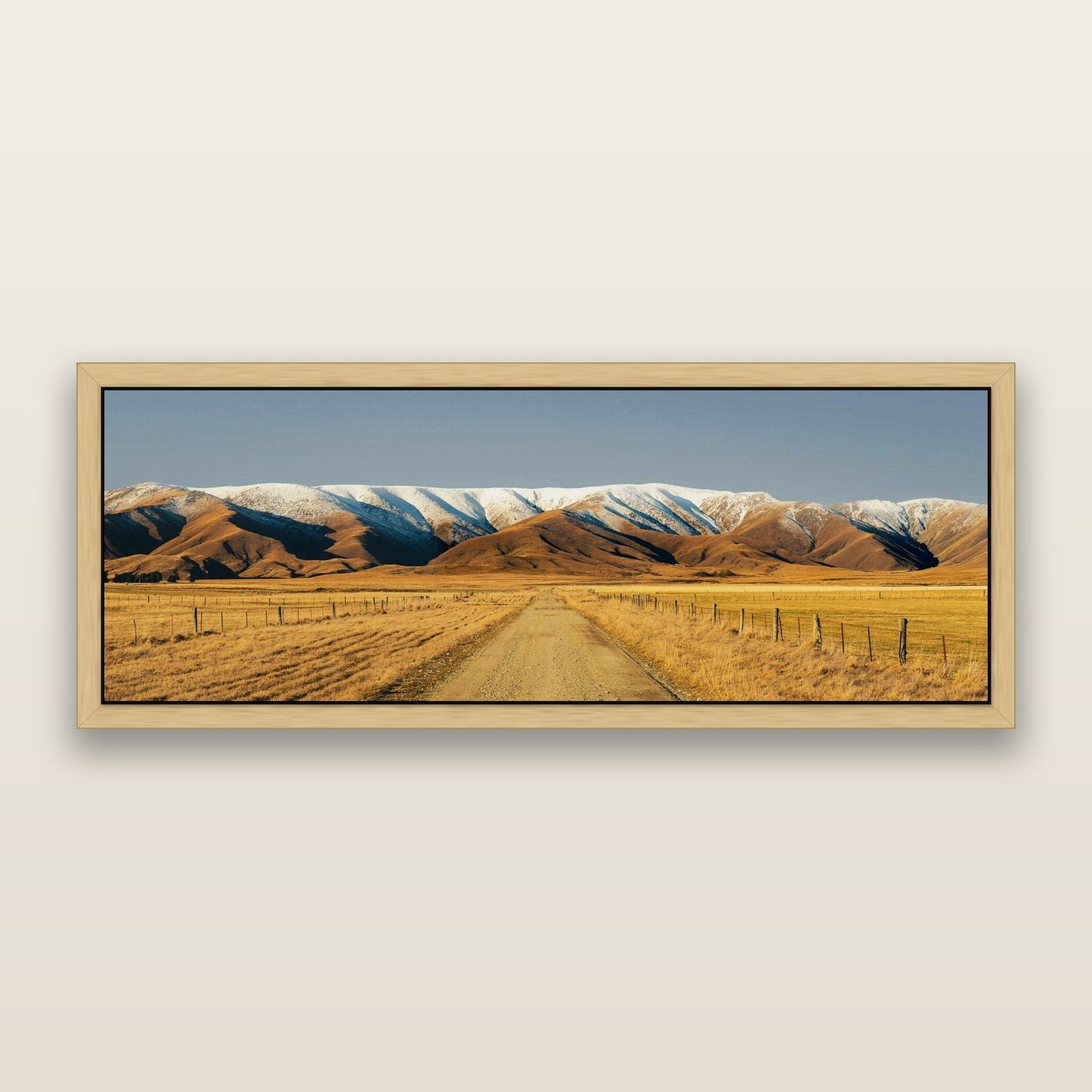 Golden Pathways, The Road to Hawkdun Heights — framed metallic canvas print, Natural frame. New Zealand fine art landscape wall art by Stephen Milner.