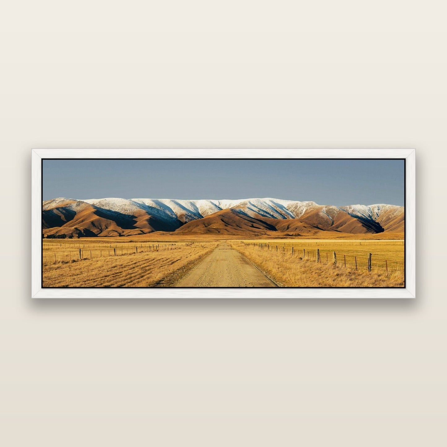 Golden Pathways, The Road to Hawkdun Heights — framed metallic canvas print, White frame. New Zealand fine art landscape wall art by Stephen Milner.