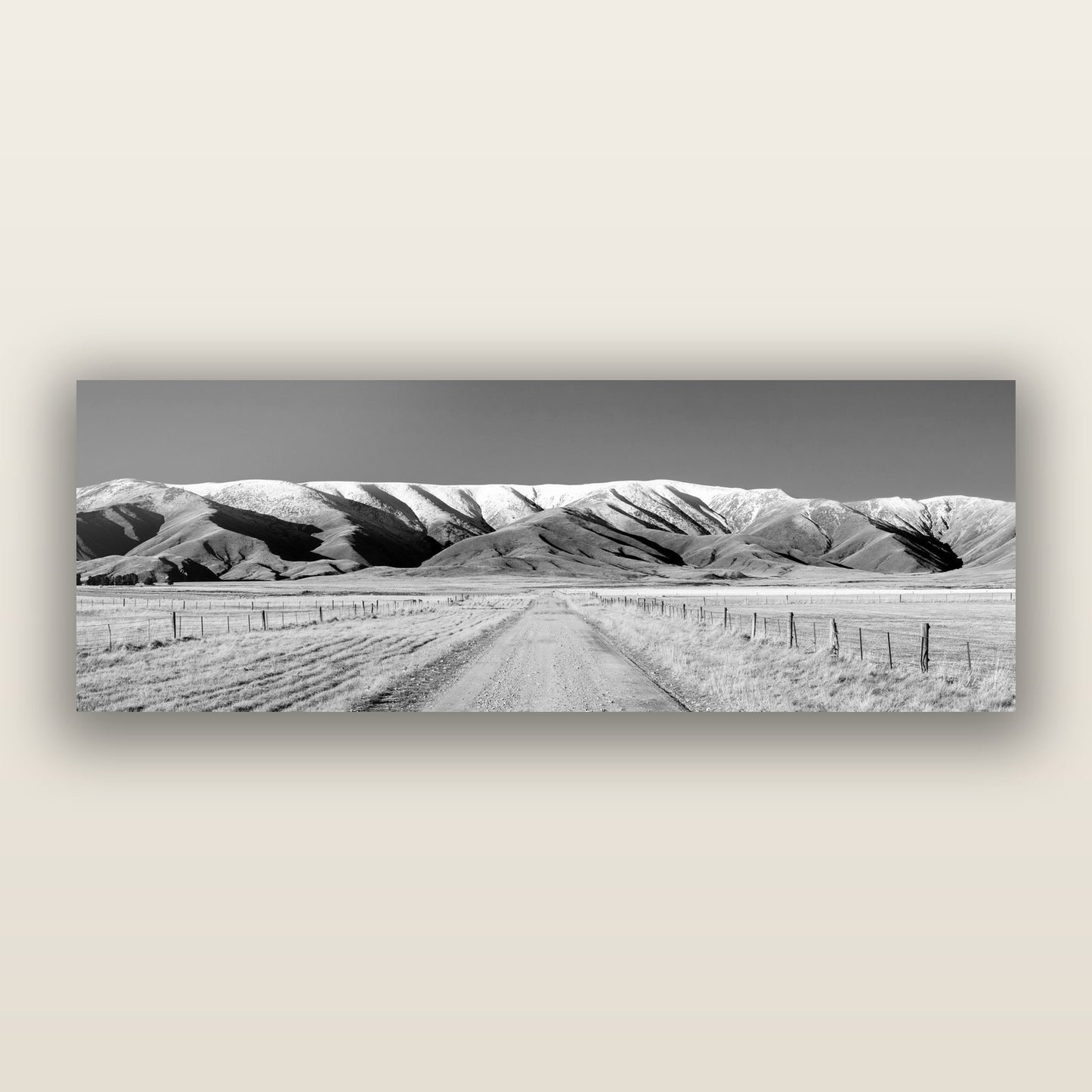 The Road to Hawkdun Heights, black and white frameless acrylic glass print. New Zealand fine art photography by Stephen Milner.