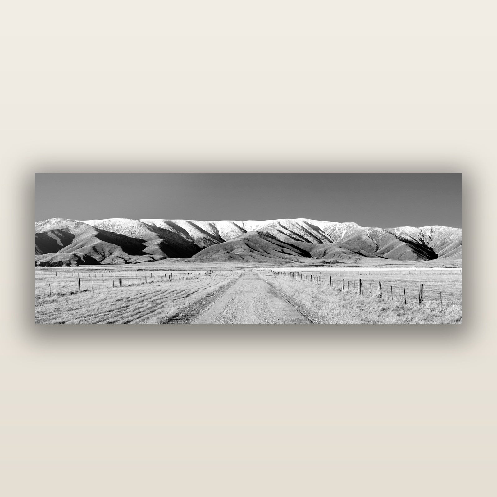 The Road to Hawkdun Heights, black and white frameless acrylic glass print. New Zealand fine art photography by Stephen Milner.