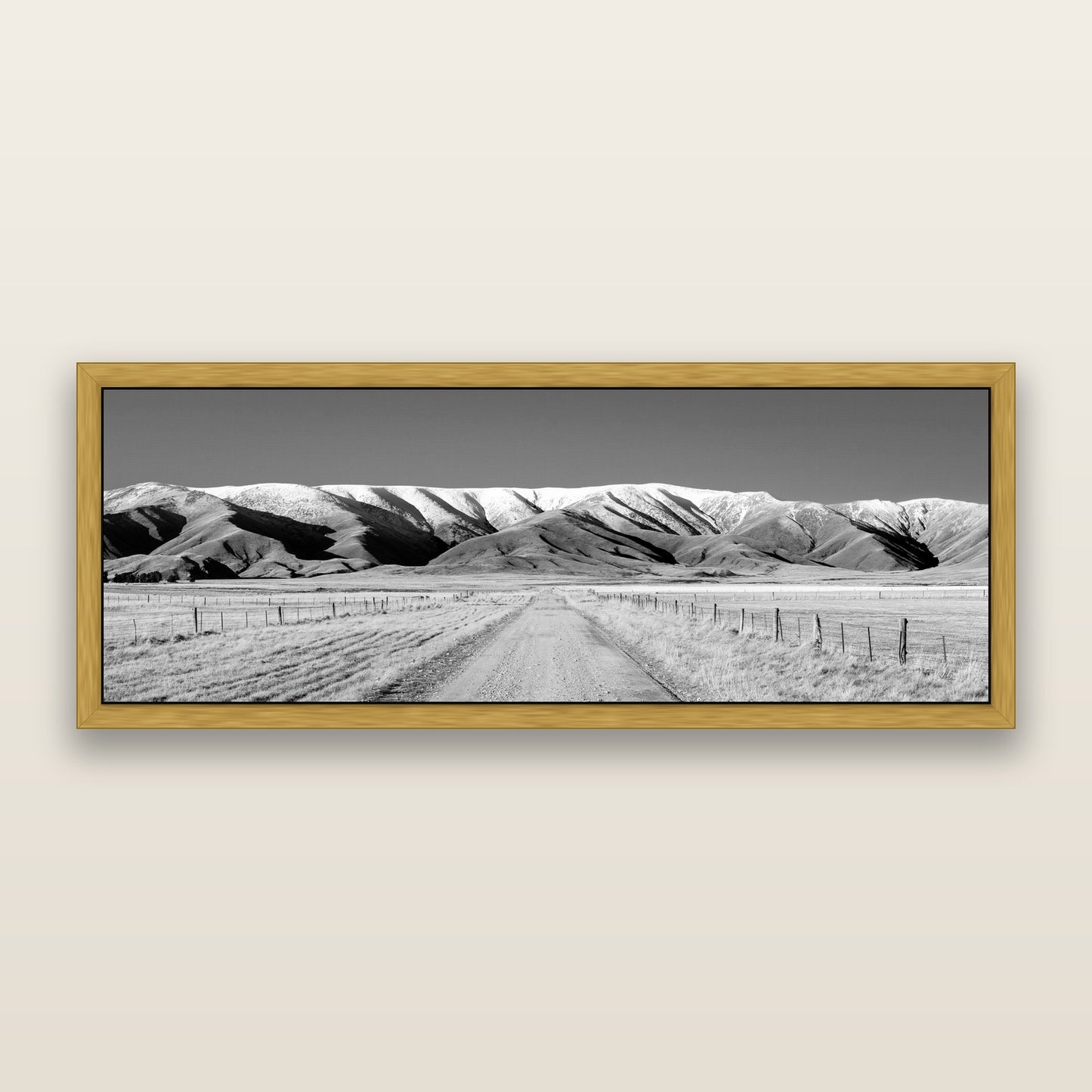 The Road to Hawkdun Heights, black and white framed metallic canvas print, Antique Gold frame. New Zealand fine art wall art by Stephen Milner.