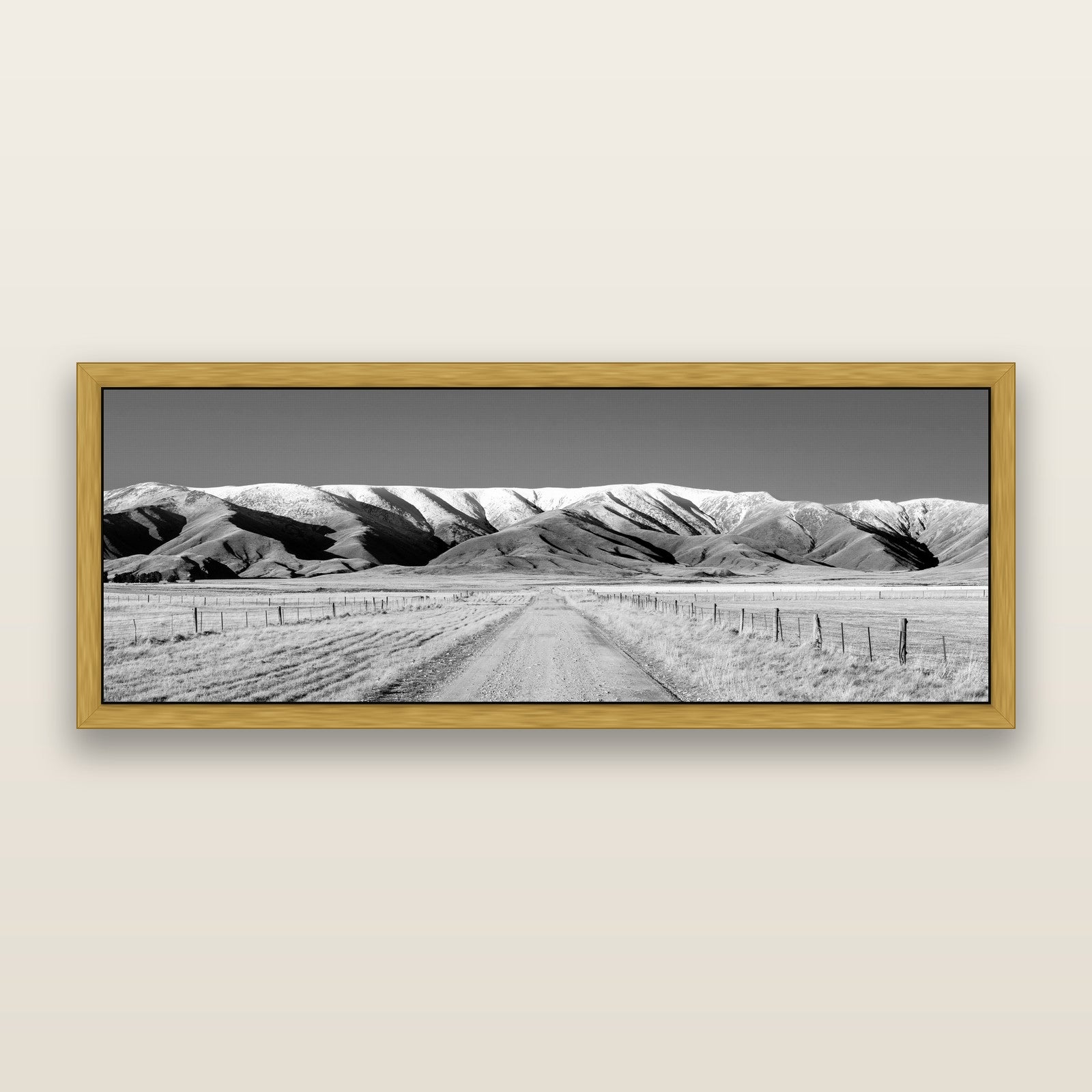 The Road to Hawkdun Heights, black and white framed metallic canvas print, Antique Gold frame. New Zealand fine art wall art by Stephen Milner.