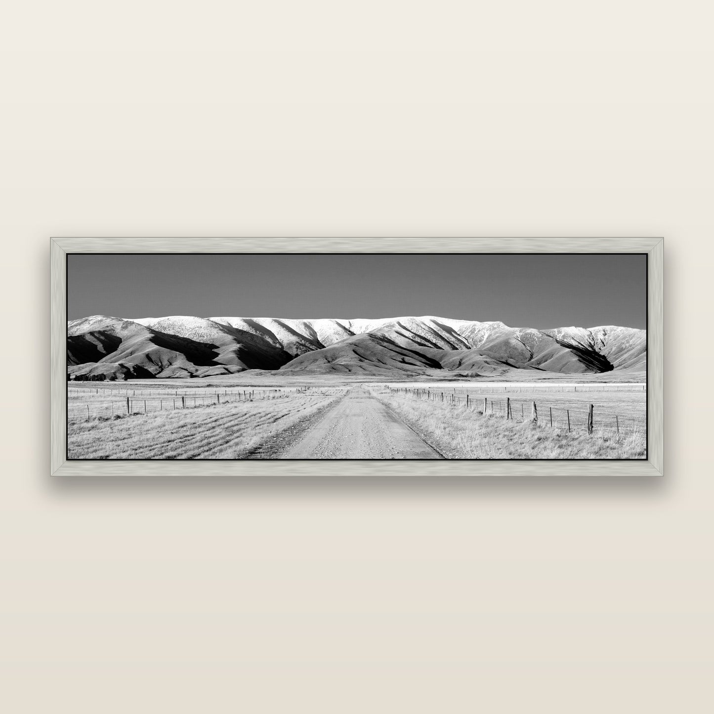The Road to Hawkdun Heights, black and white framed metallic canvas print, Antique Silver frame. New Zealand fine art wall art by Stephen Milner.