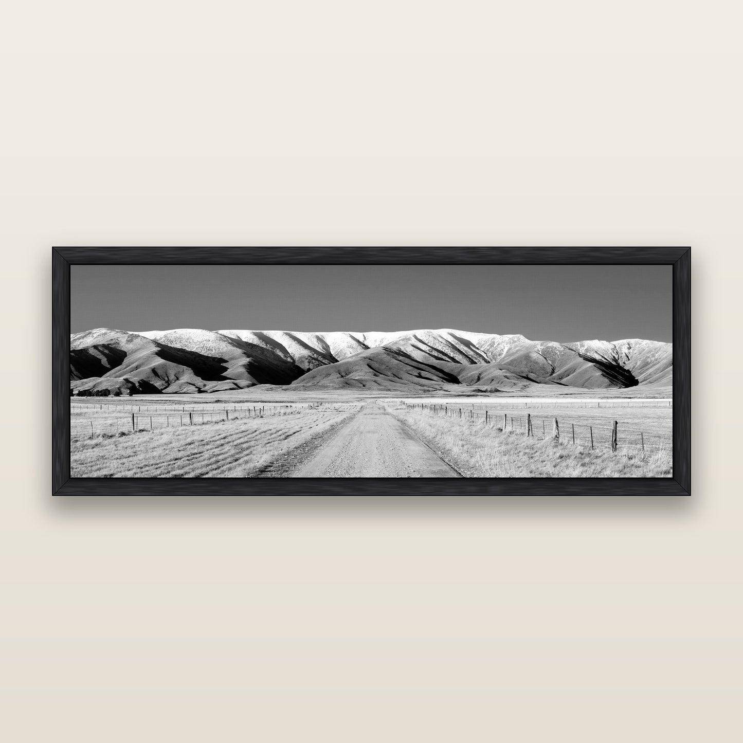 The Road to Hawkdun Heights, black and white framed metallic canvas print, Black frame. New Zealand fine art wall art by Stephen Milner.