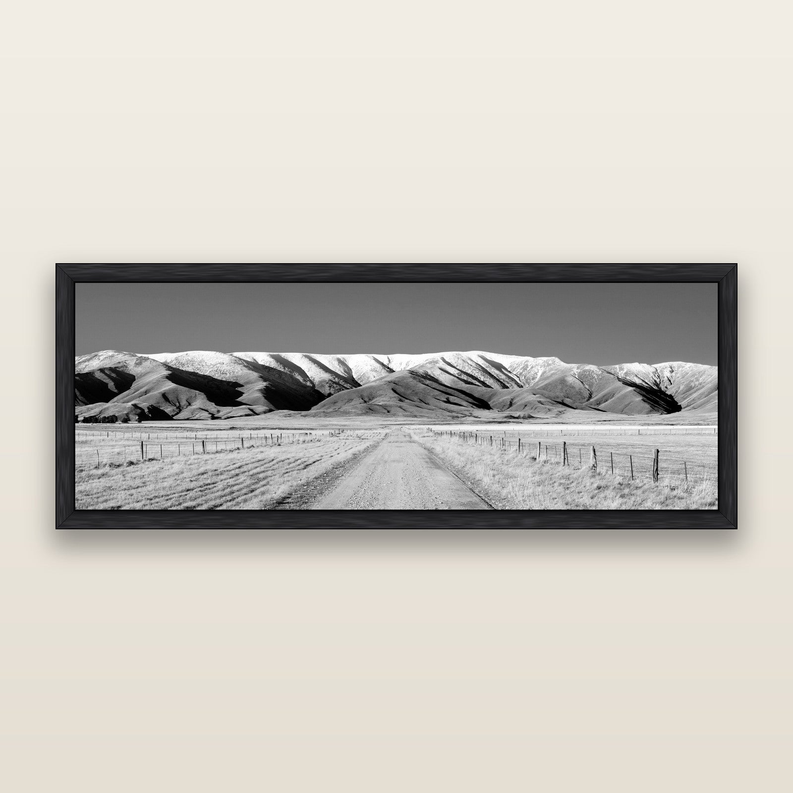 The Road to Hawkdun Heights, black and white framed metallic canvas print, Black frame. New Zealand fine art wall art by Stephen Milner.