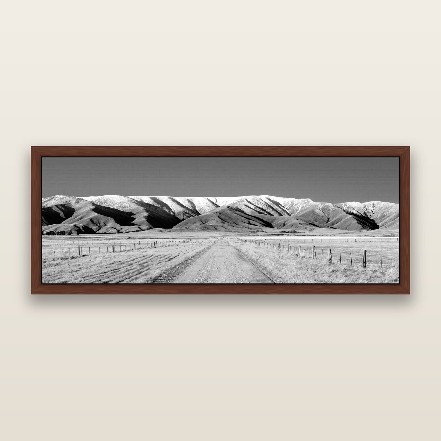 The Road to Hawkdun Heights, black and white framed metallic canvas print, Brown frame. New Zealand fine art wall art by Stephen Milner.