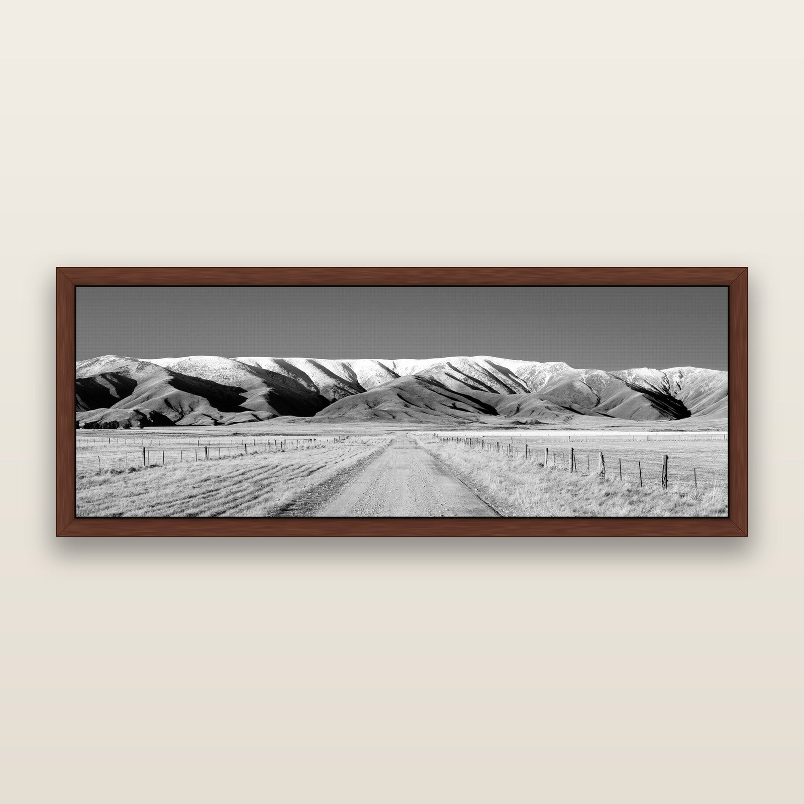 The Road to Hawkdun Heights, black and white framed metallic canvas print, Brown frame. New Zealand fine art wall art by Stephen Milner.
