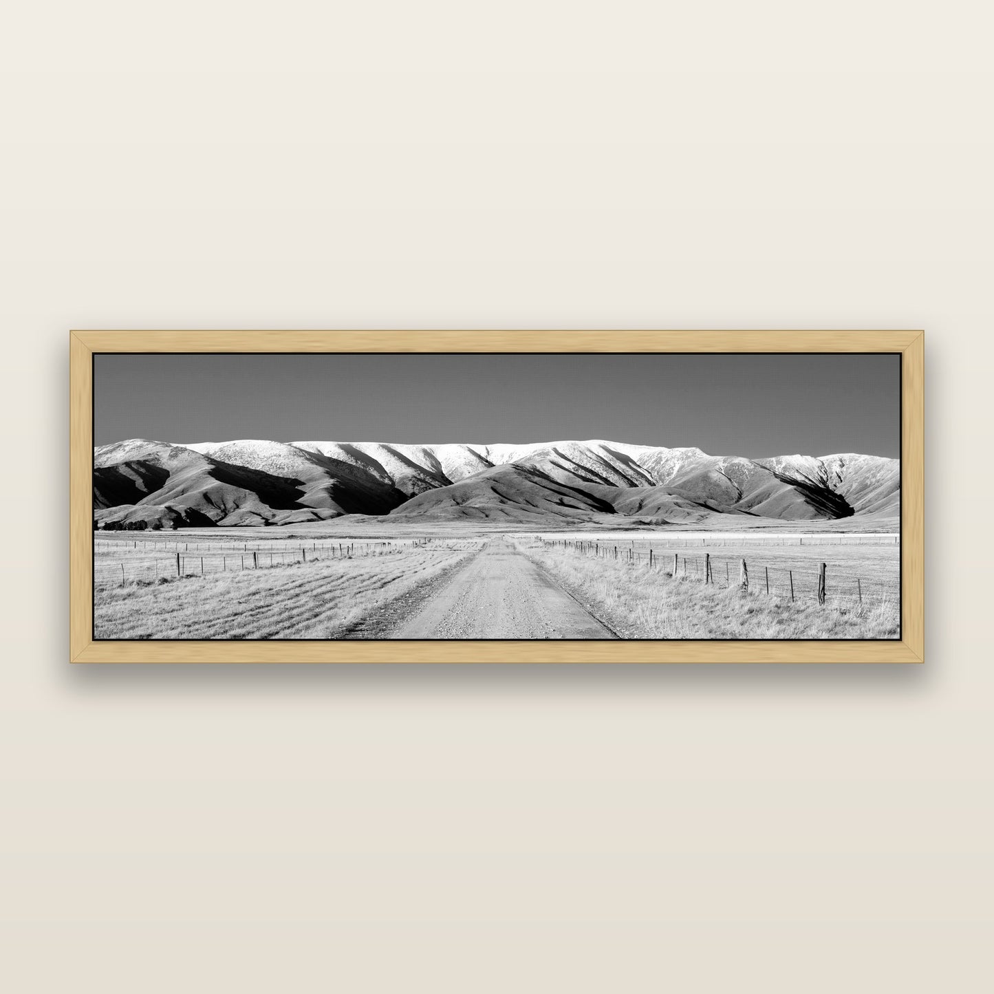 The Road to Hawkdun Heights, black and white framed metallic canvas print, Natural frame. New Zealand fine art wall art by Stephen Milner.