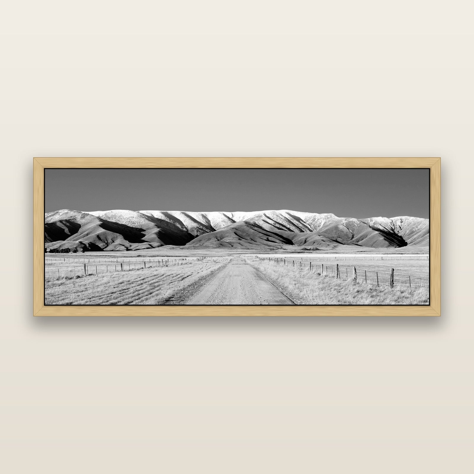 The Road to Hawkdun Heights, black and white framed metallic canvas print, Natural frame. New Zealand fine art wall art by Stephen Milner.