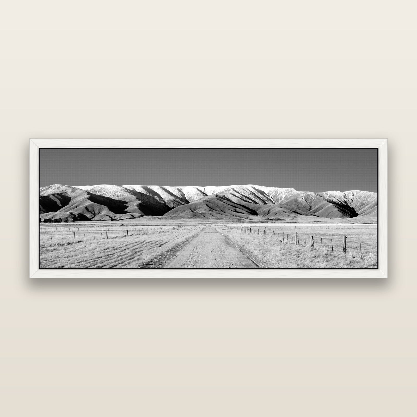 The Road to Hawkdun Heights, black and white framed metallic canvas print, White frame. New Zealand fine art wall art by Stephen Milner.