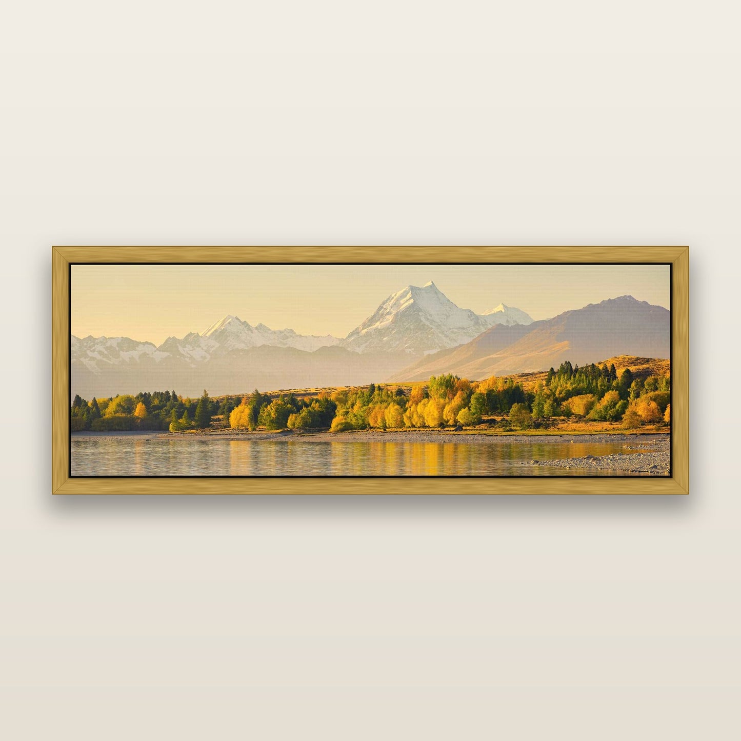 Golden Peaks, Mount Cook — framed metallic canvas print, Antique Gold frame. New Zealand fine art landscape wall art by Stephen Milner.