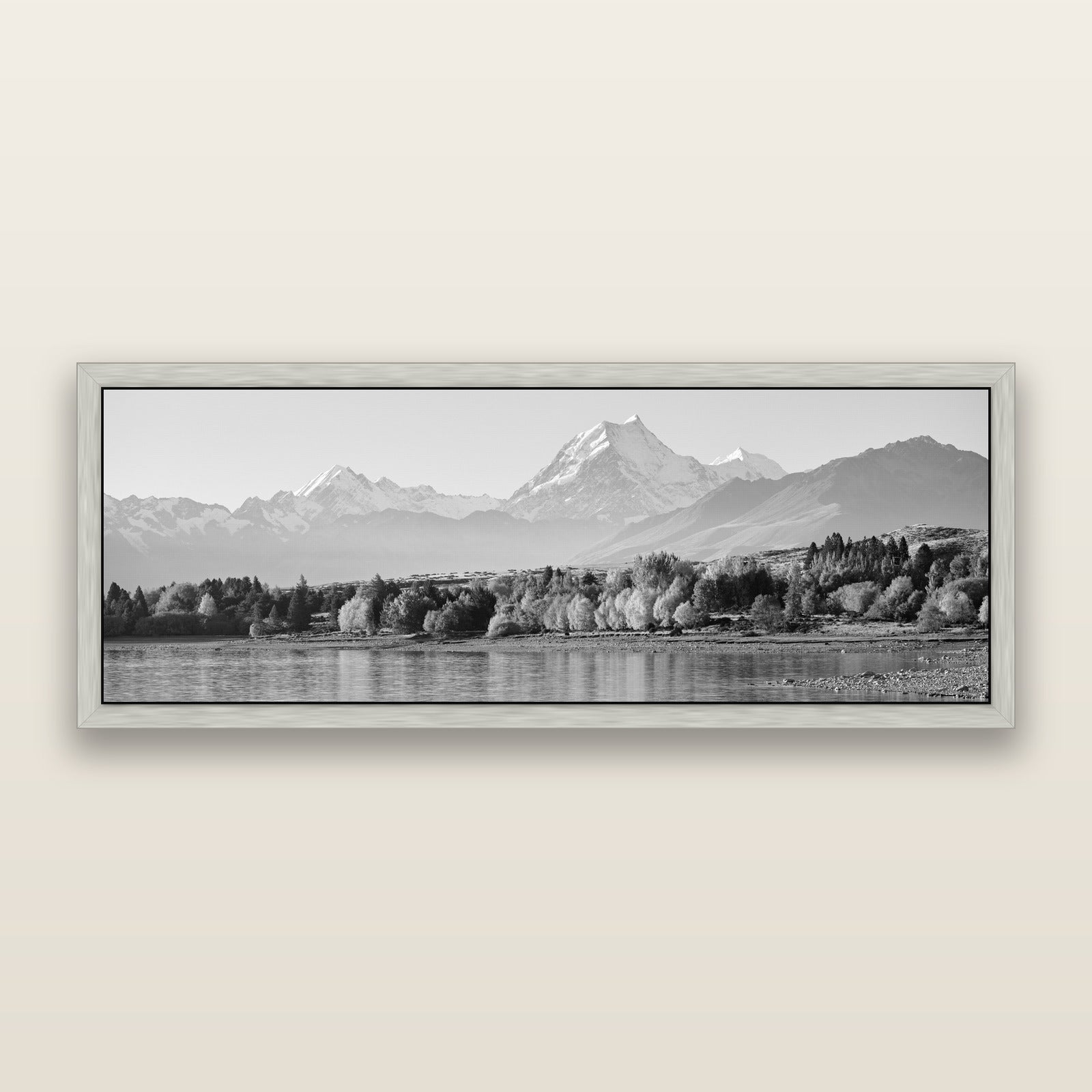 Above the Treeline, Mount Cook, black and white framed metallic canvas print, Antique Silver frame. New Zealand fine art wall art by Stephen Milner.