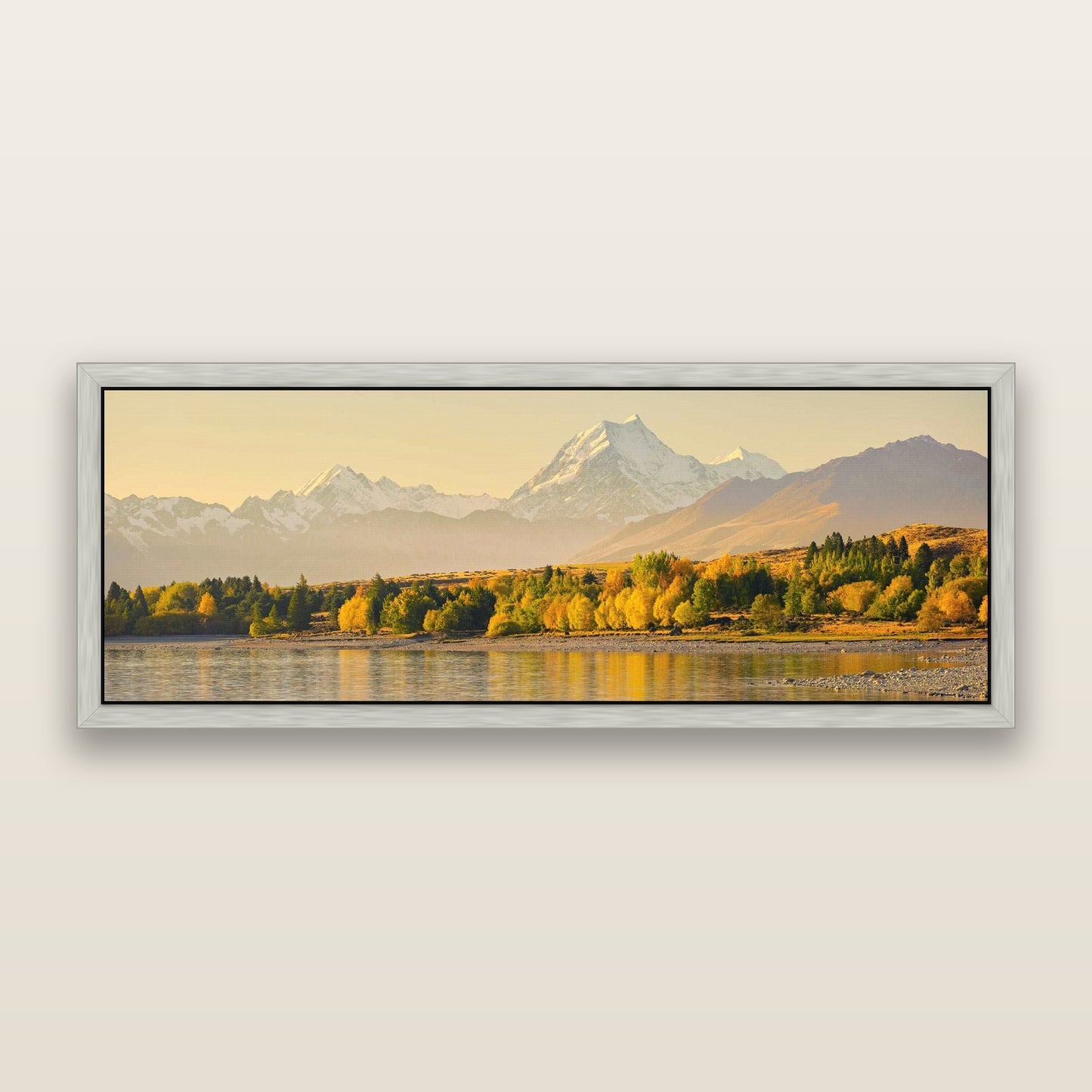 Golden Peaks, Mount Cook — framed metallic canvas print, Antique Silver frame. New Zealand fine art landscape wall art by Stephen Milner.
