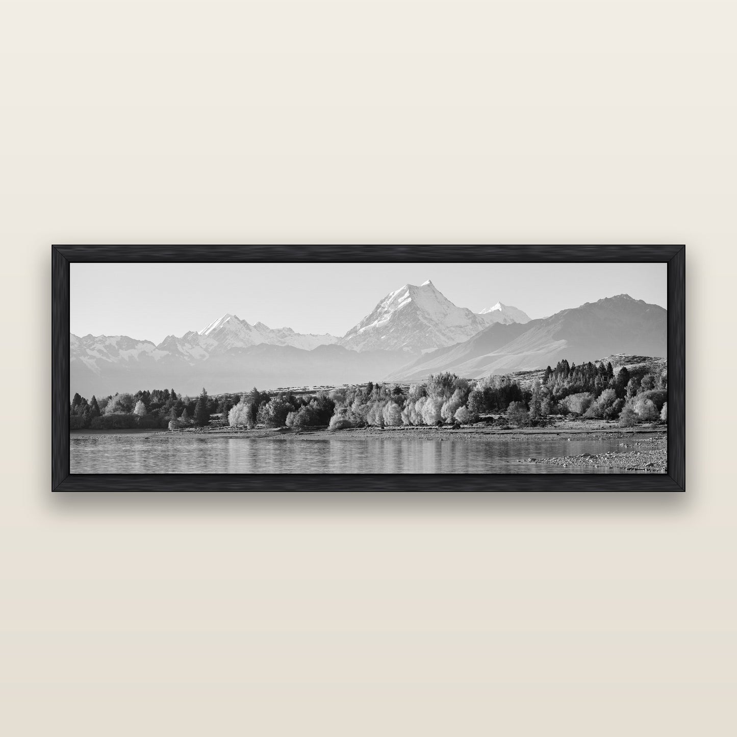 Above the Treeline, Mount Cook, black and white framed metallic canvas print, Black frame. New Zealand fine art wall art by Stephen Milner.