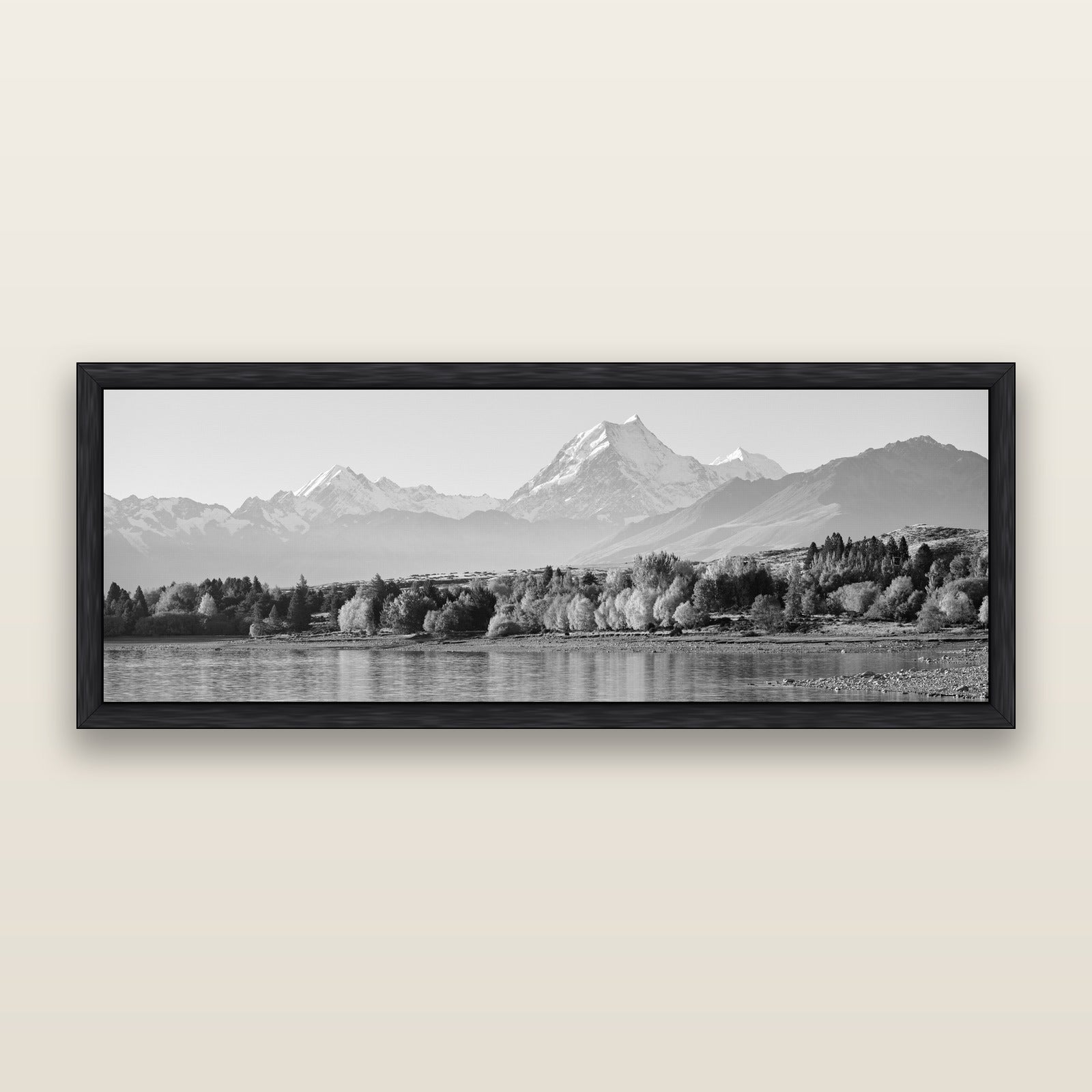 Above the Treeline, Mount Cook, black and white framed metallic canvas print, Black frame. New Zealand fine art wall art by Stephen Milner.