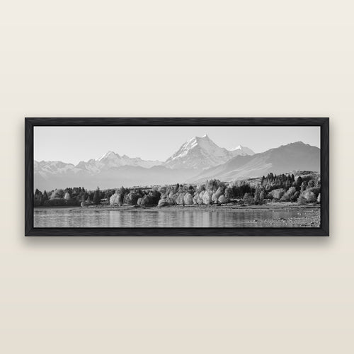 Above the Treeline, Mount Cook, black and white framed metallic canvas print, Black frame. New Zealand fine art wall art by Stephen Milner.