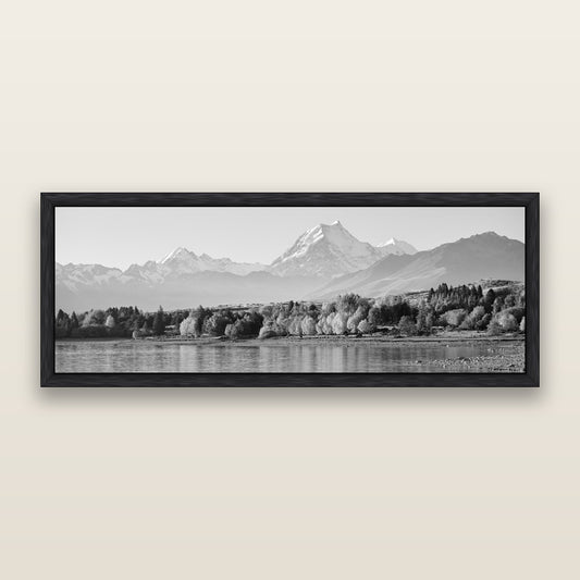 Above the Treeline, Mount Cook, black and white framed metallic canvas print, Black frame. New Zealand fine art wall art by Stephen Milner.