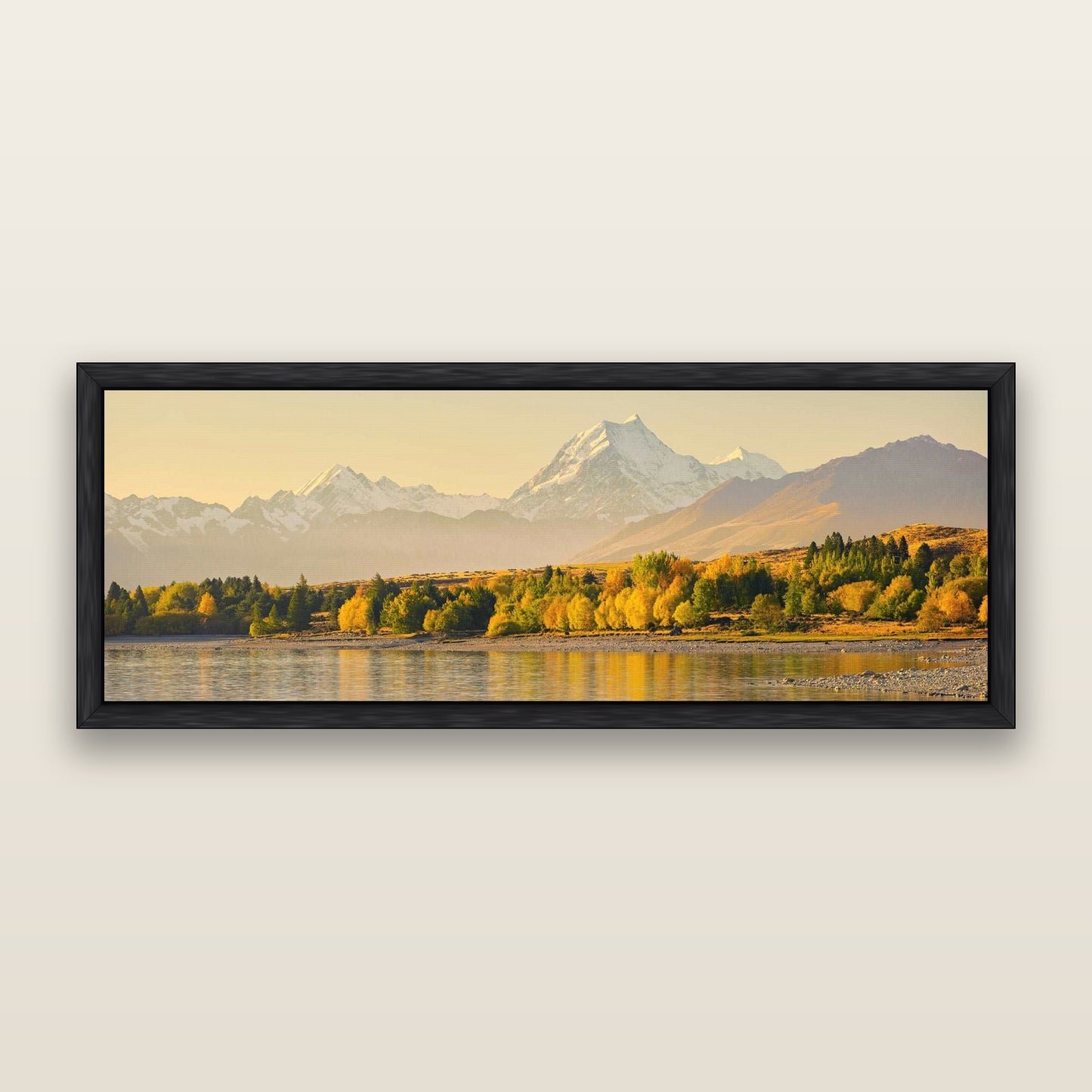 Golden Peaks, Mount Cook — framed metallic canvas print, Black frame. New Zealand fine art landscape wall art by Stephen Milner.