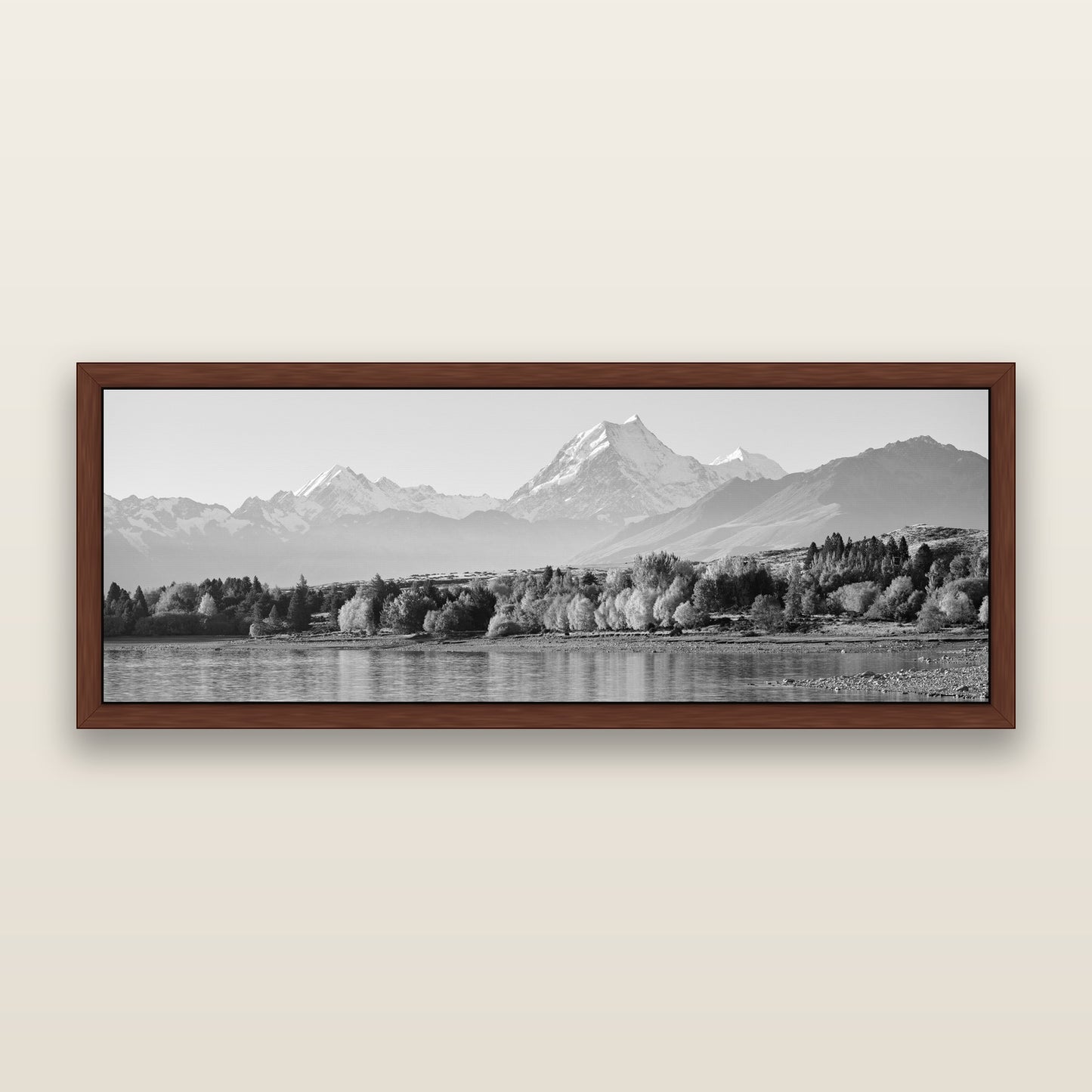 Above the Treeline, Mount Cook, black and white framed metallic canvas print, Brown frame. New Zealand fine art wall art by Stephen Milner.