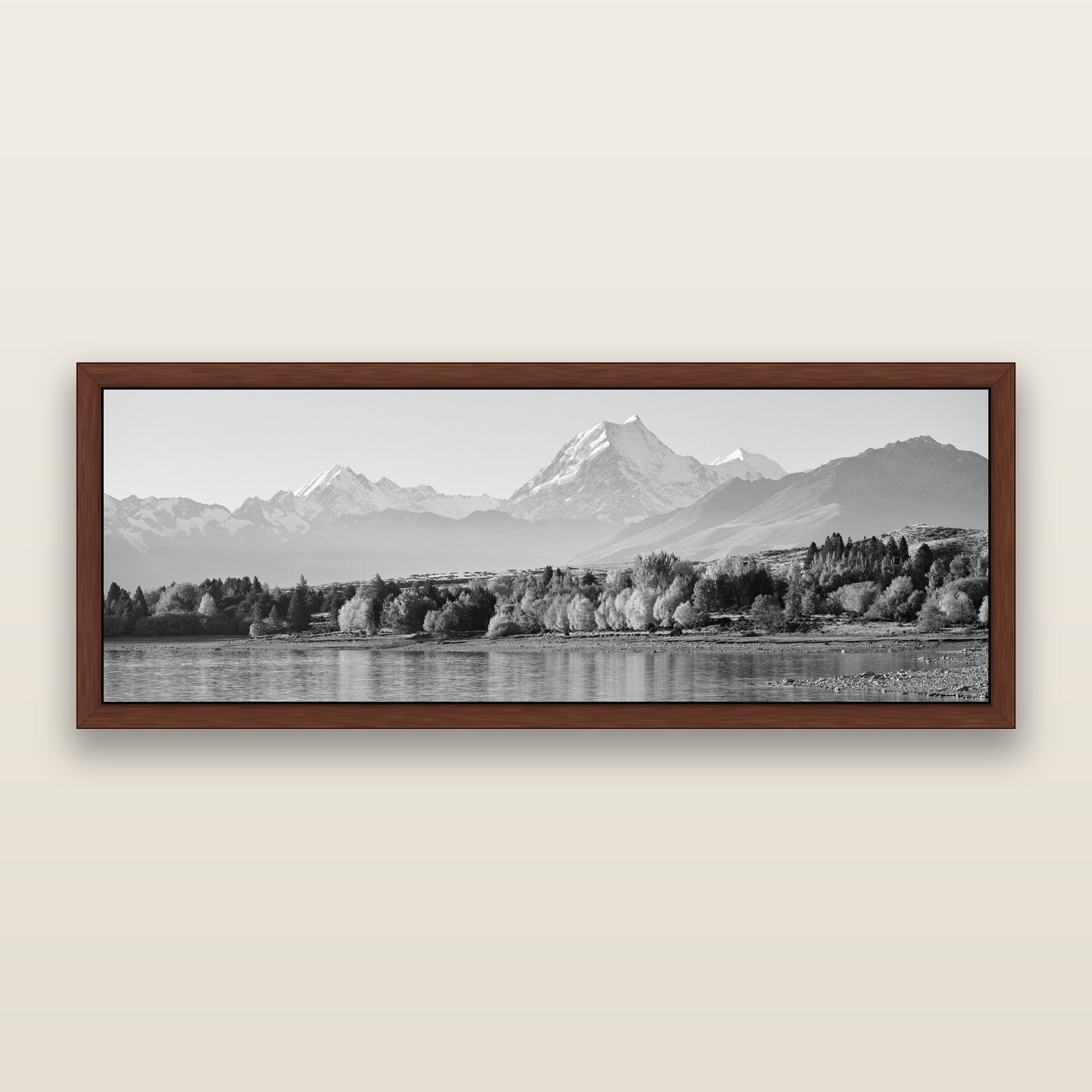 Above the Treeline, Mount Cook, black and white framed metallic canvas print, Brown frame. New Zealand fine art wall art by Stephen Milner.