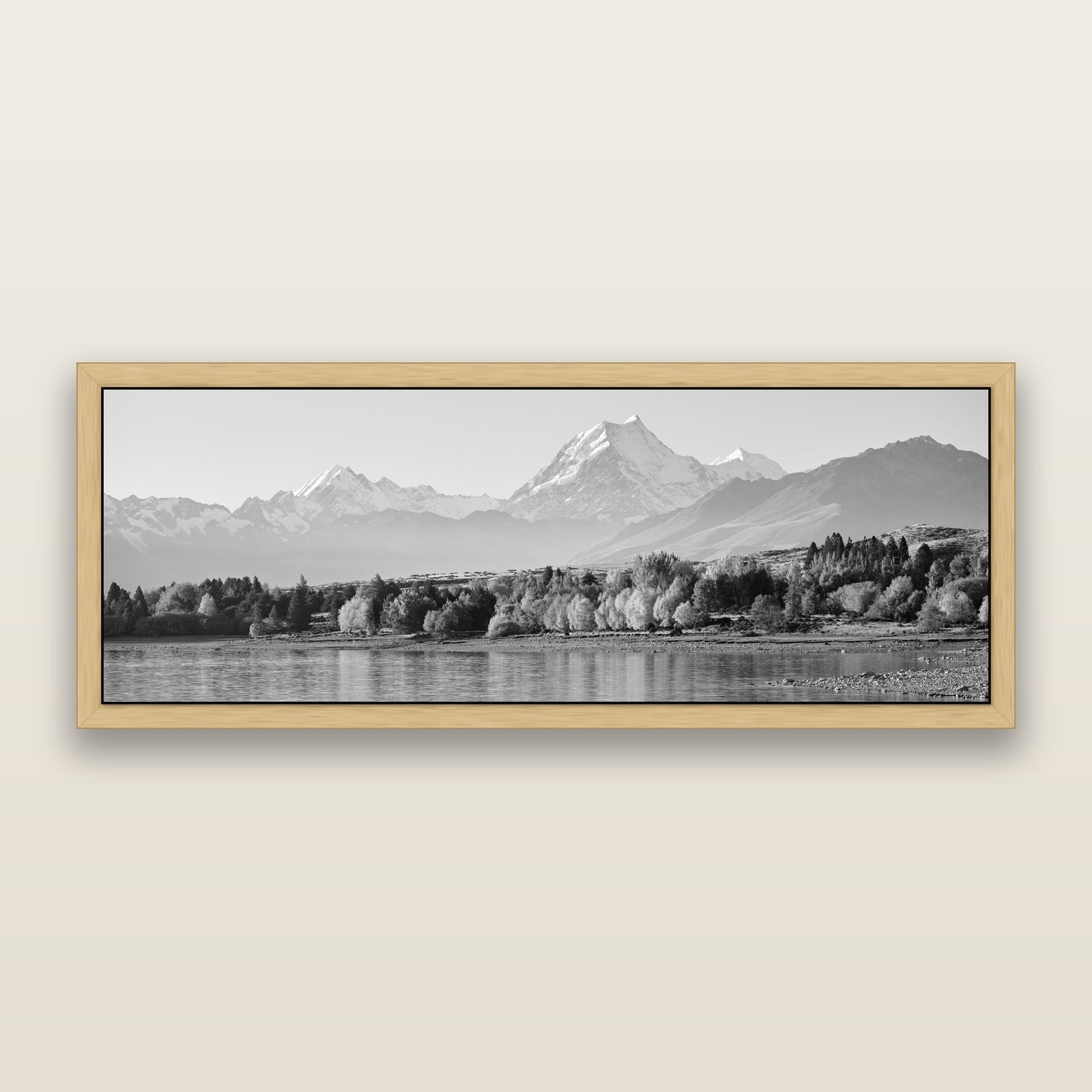 Above the Treeline, Mount Cook, black and white framed metallic canvas print, Natural frame. New Zealand fine art wall art by Stephen Milner.