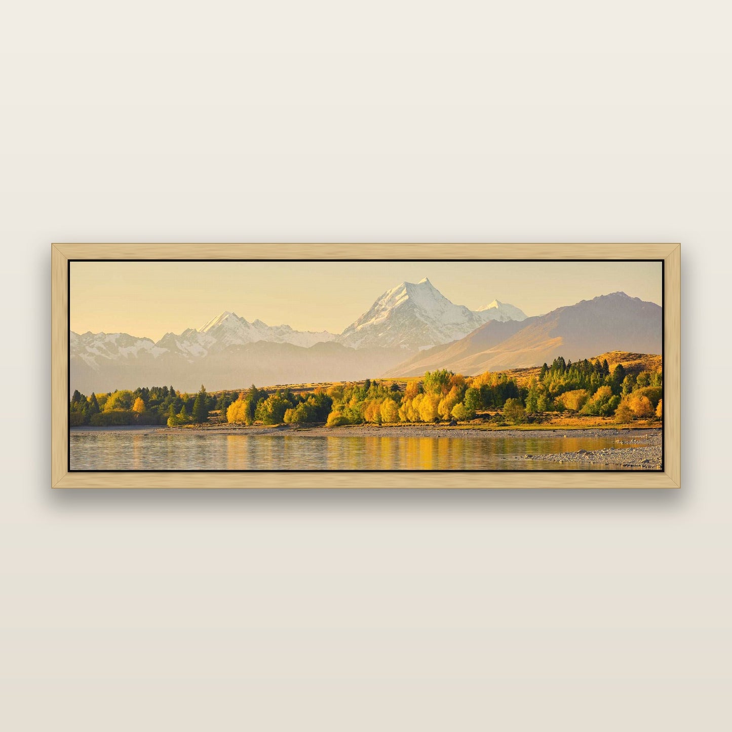 Golden Peaks, Mount Cook — framed metallic canvas print, Natural frame. New Zealand fine art landscape wall art by Stephen Milner.