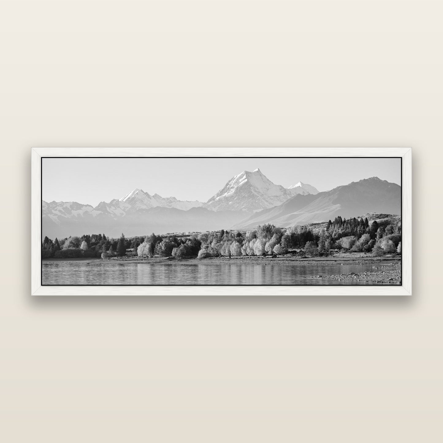 Above the Treeline, Mount Cook, black and white framed metallic canvas print, White frame. New Zealand fine art wall art by Stephen Milner.