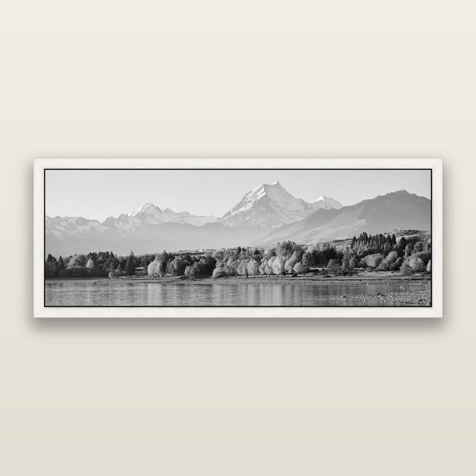 Above the Treeline, Mount Cook, black and white framed metallic canvas print, White frame. New Zealand fine art wall art by Stephen Milner.