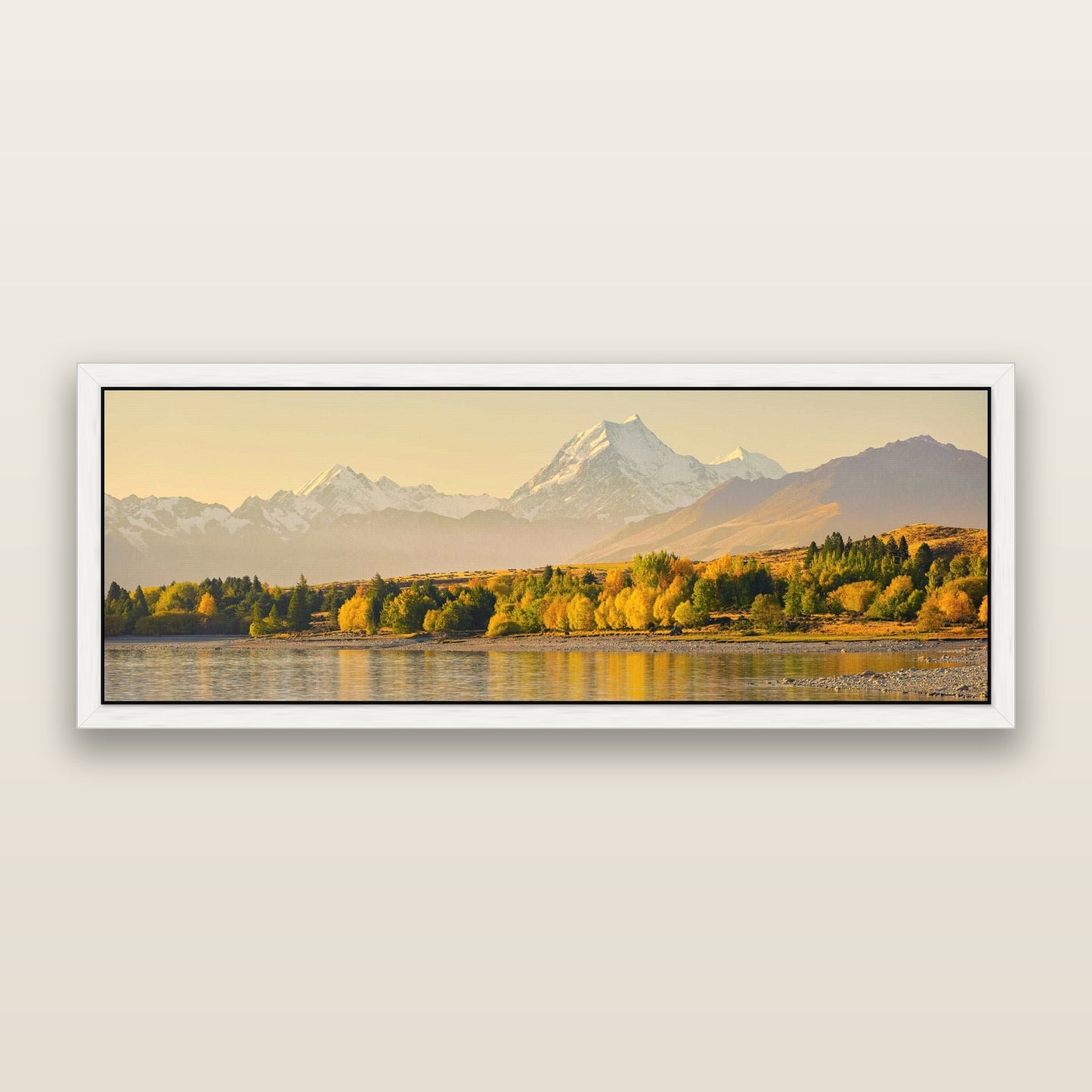 Golden Peaks, Mount Cook — framed metallic canvas print, White frame. New Zealand fine art landscape wall art by Stephen Milner.