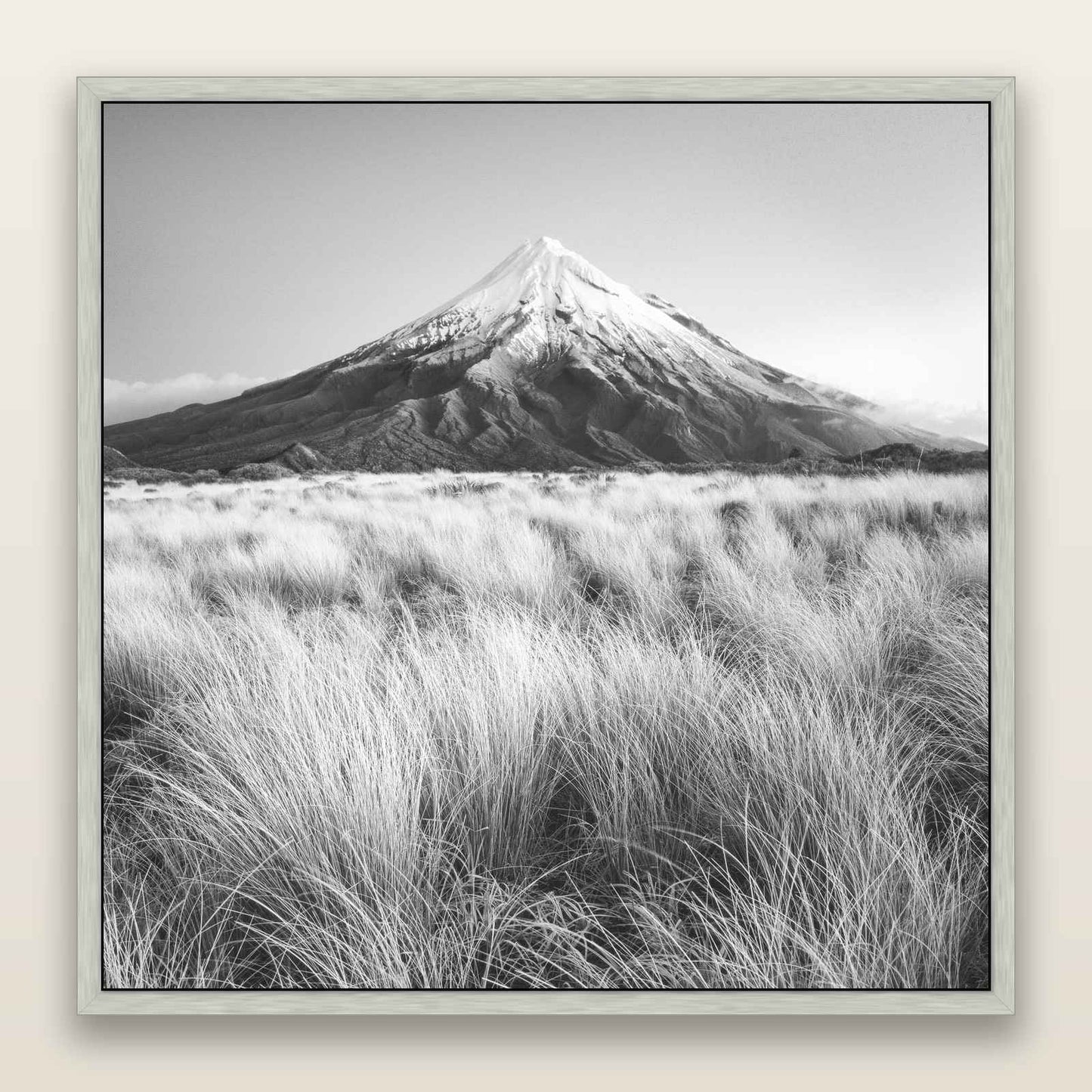 Silent Point, Mount Taranaki, black and white framed metallic canvas print, Antique Silver frame. New Zealand fine art wall art by Stephen Milner.