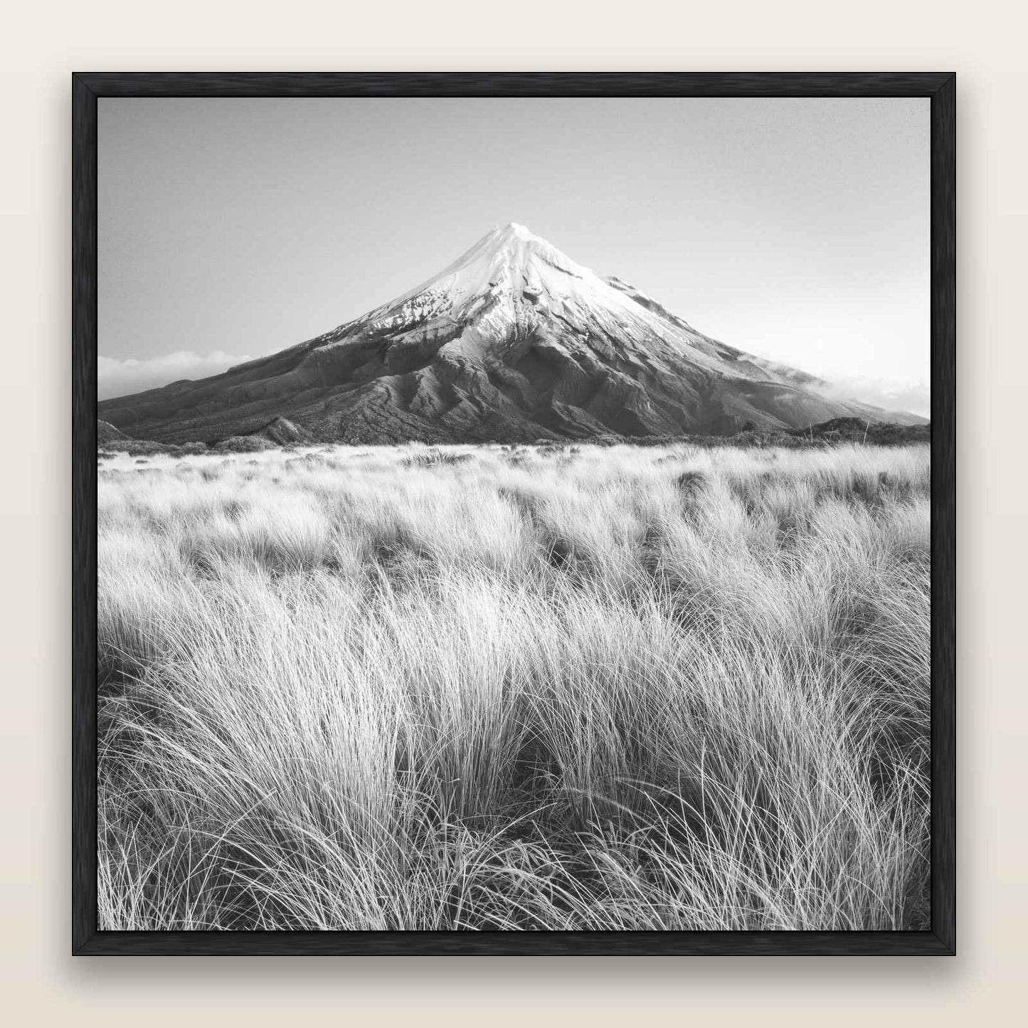 Silent Point, Mount Taranaki, black and white framed metallic canvas print, Black frame. New Zealand fine art wall art by Stephen Milner.