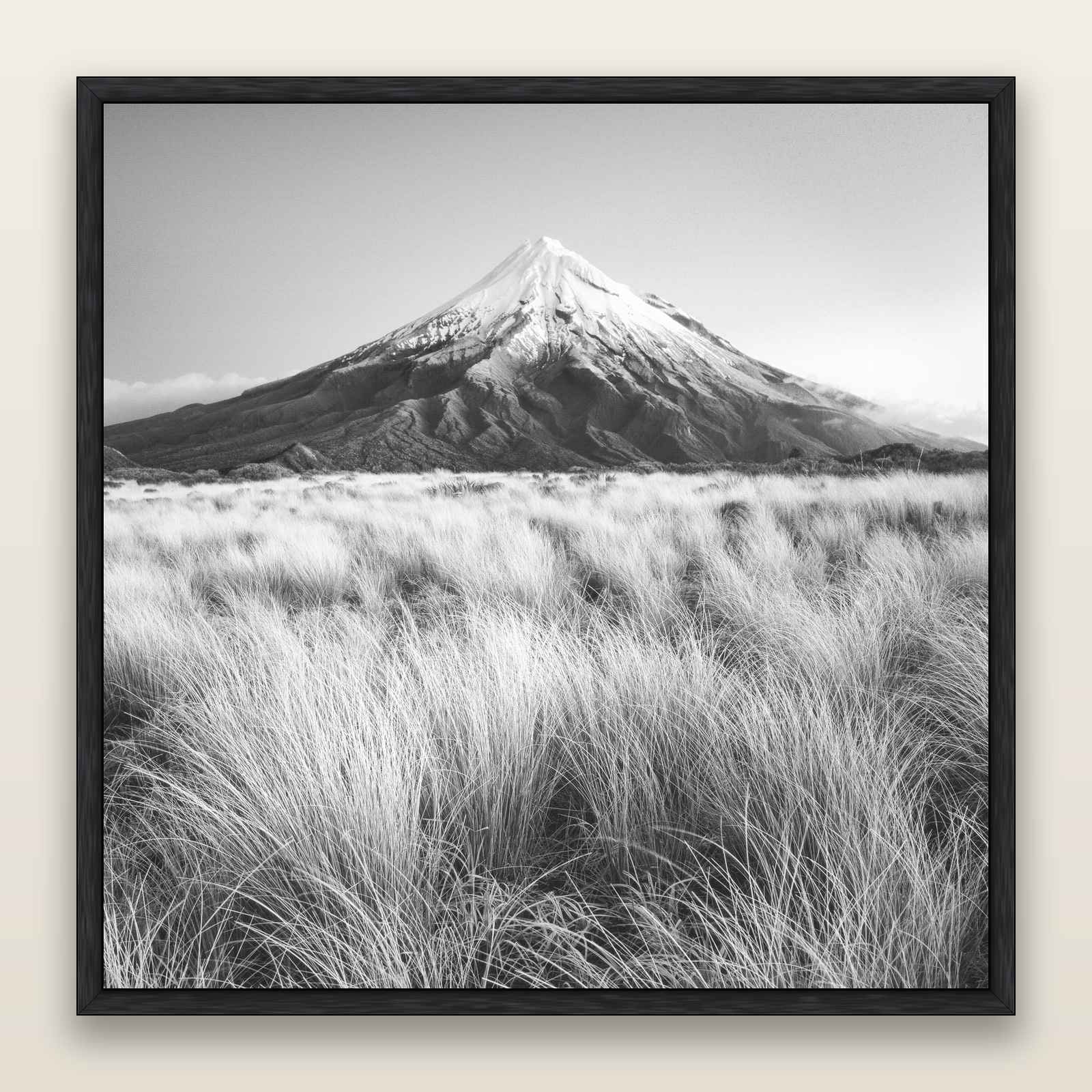 Silent Point, Mount Taranaki, black and white framed metallic canvas print, Black frame. New Zealand fine art wall art by Stephen Milner.