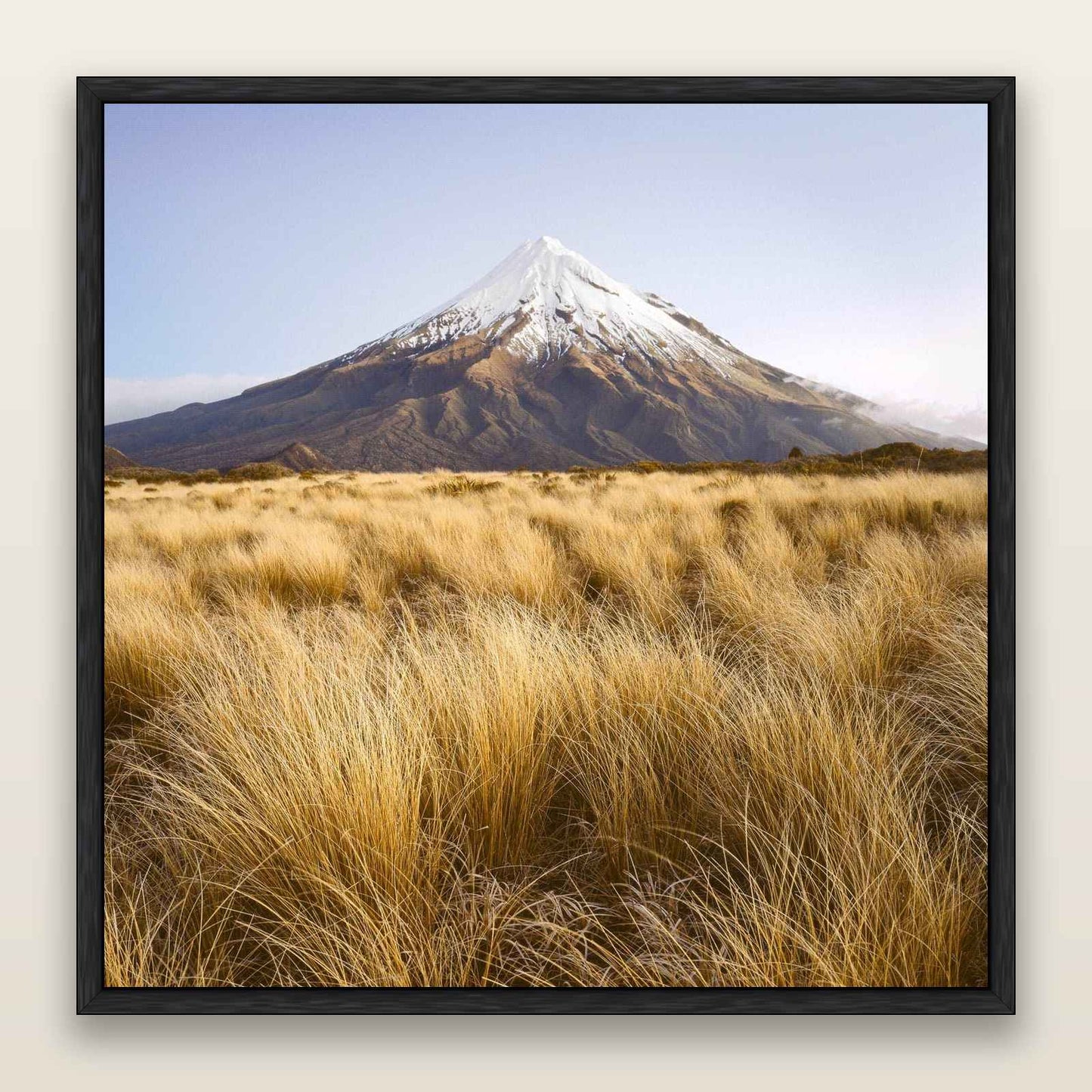 Golden Point, Mount Taranaki — framed metallic canvas print, Black frame. New Zealand fine art landscape wall art by Stephen Milner.