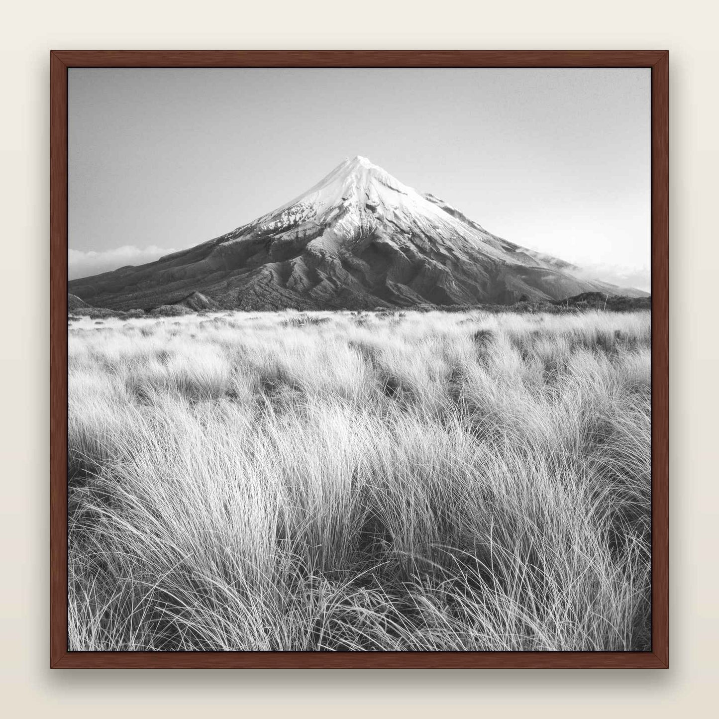 Silent Point, Mount Taranaki, black and white framed metallic canvas print, Brown frame. New Zealand fine art wall art by Stephen Milner.
