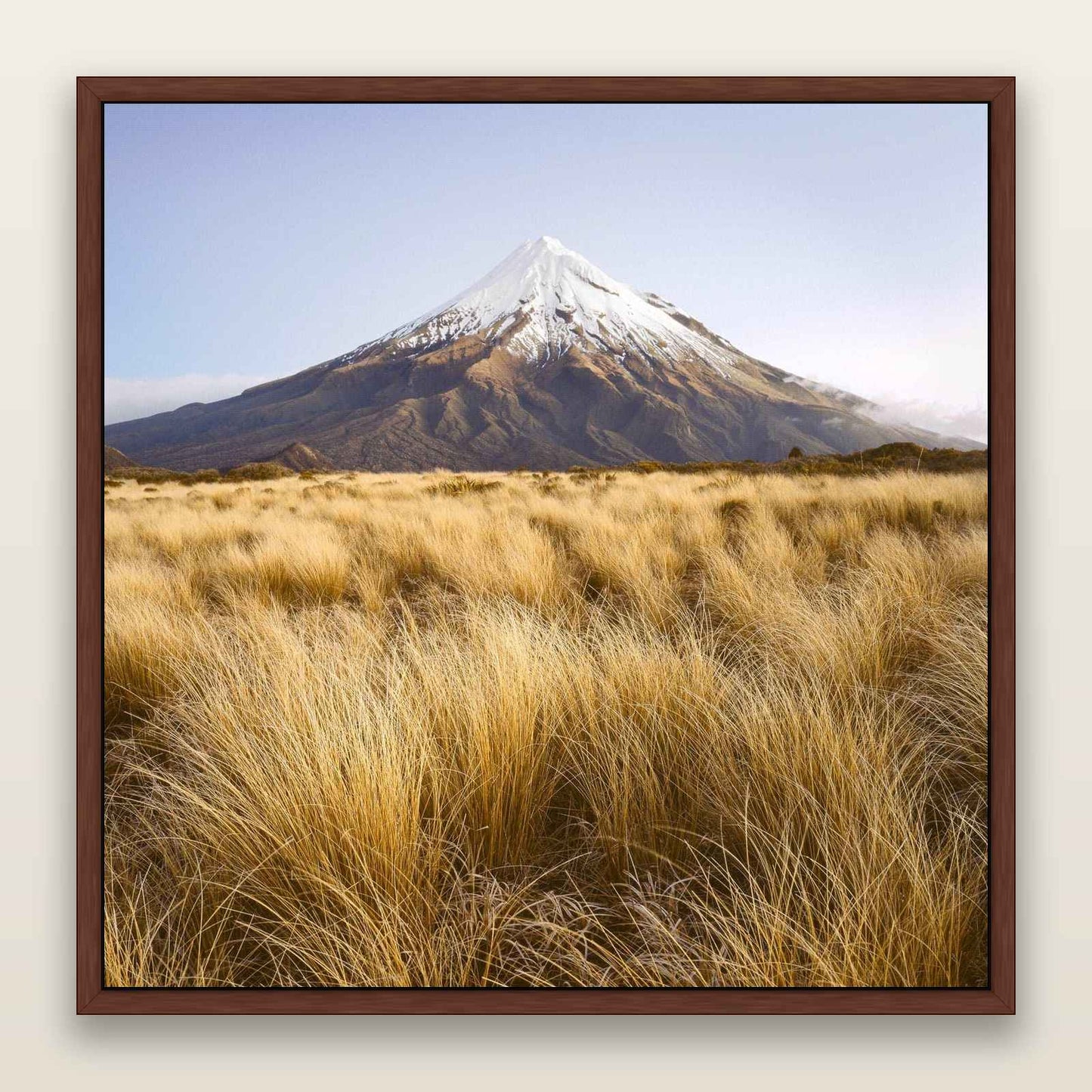 Golden Point, Mount Taranaki — framed metallic canvas print, Brown frame. New Zealand fine art landscape wall art by Stephen Milner.