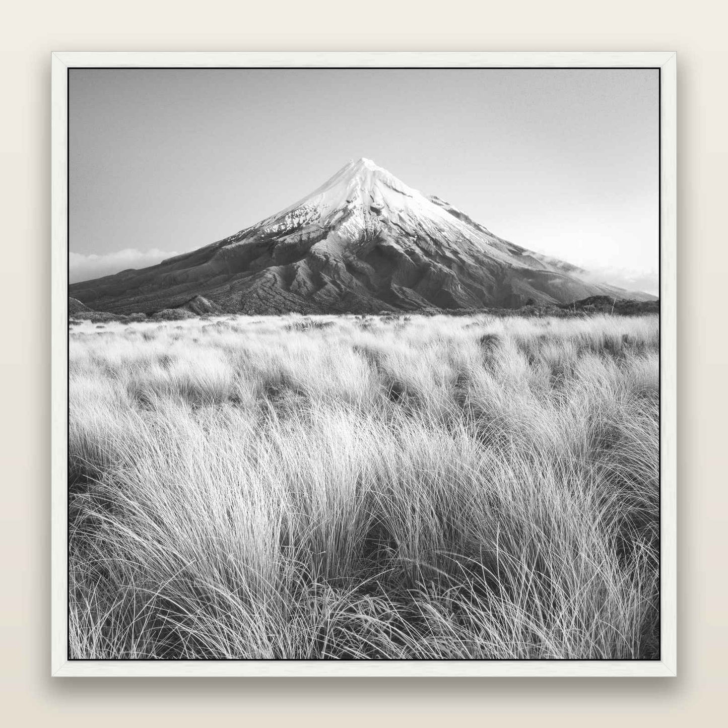 Silent Point, Mount Taranaki, black and white framed metallic canvas print, White frame. New Zealand fine art wall art by Stephen Milner.
