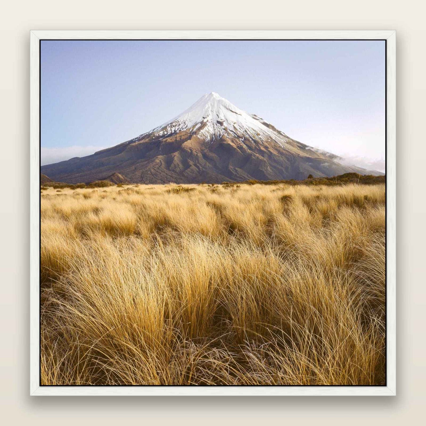 Golden Point, Mount Taranaki — framed metallic canvas print, White frame. New Zealand fine art landscape wall art by Stephen Milner.