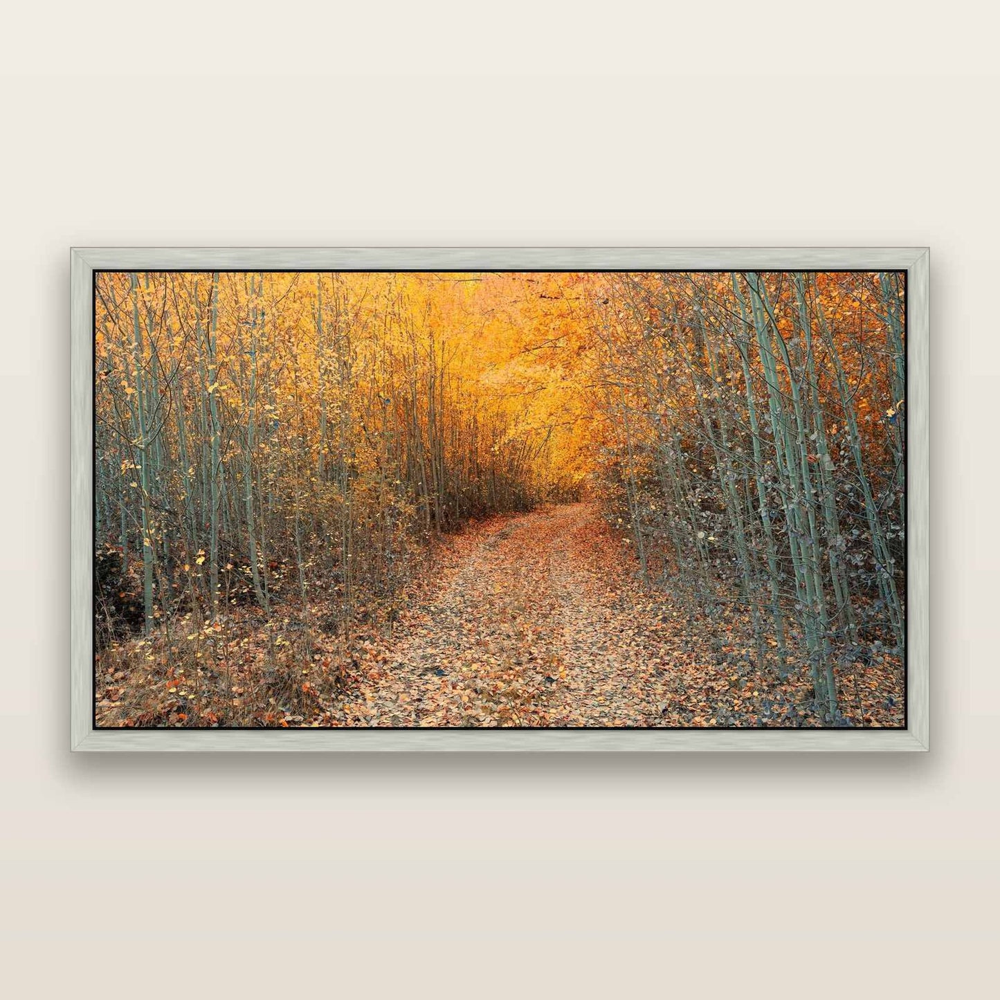 Golden Trails, Mackenzie Country — framed metallic canvas print, Antique Silver frame. New Zealand fine art landscape wall art by Stephen Milner.