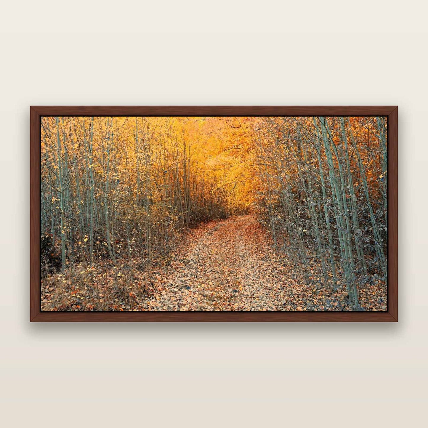 Golden Trails, Mackenzie Country — framed metallic canvas print, Brown frame. New Zealand fine art landscape wall art by Stephen Milner.