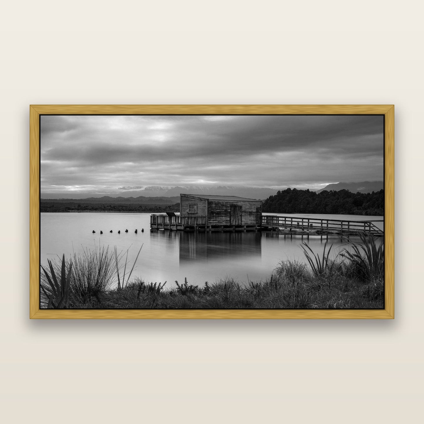 Guardian of the Lagoon, Ōkārito's Tranquil Embrace — framed metallic canvas print, Antique Gold frame. New Zealand fine art landscape wall art by Stephen Milner.