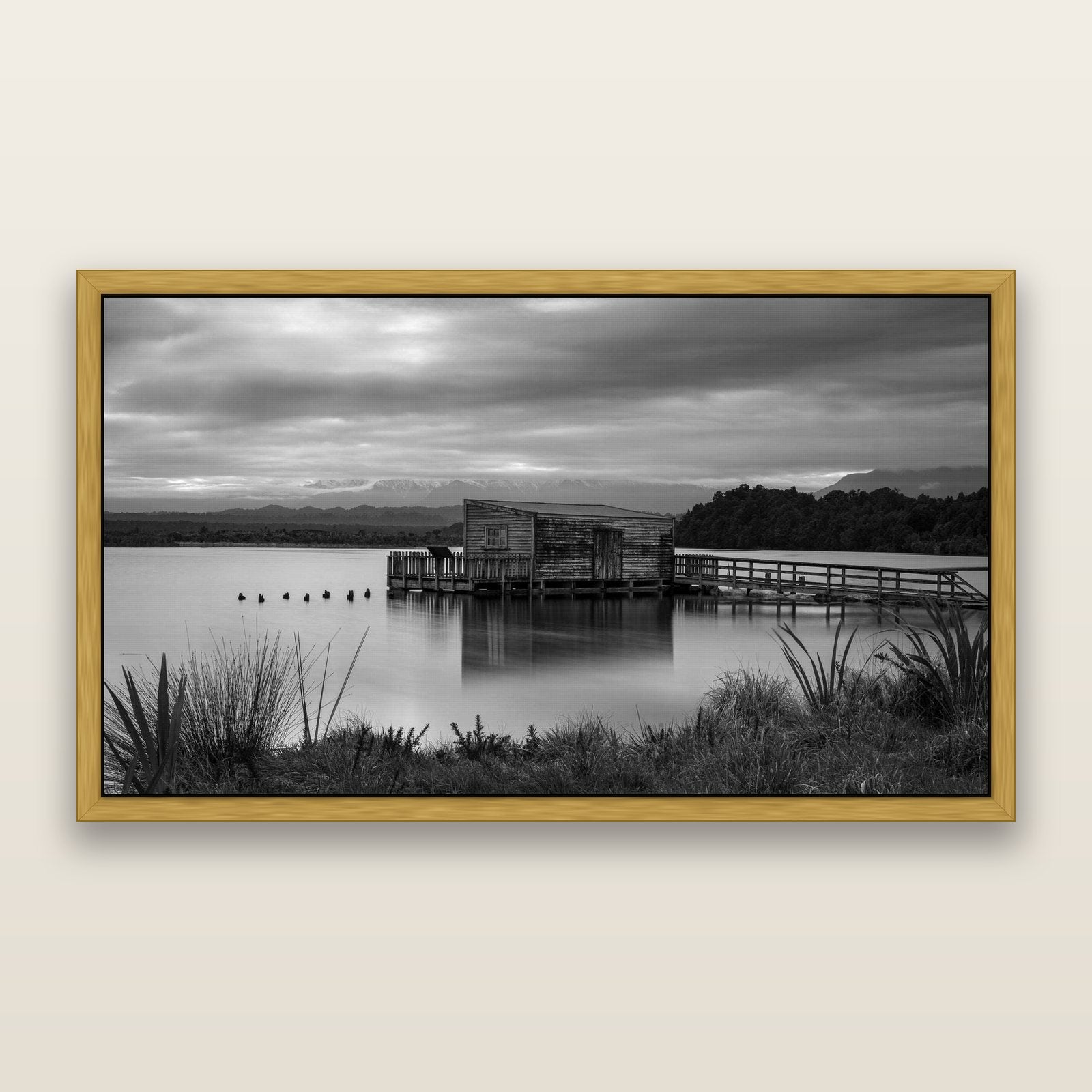 Guardian of the Lagoon, Ōkārito's Tranquil Embrace, framed metallic canvas print, Antique Gold frame. New Zealand fine art landscape wall art by Stephen Milner.