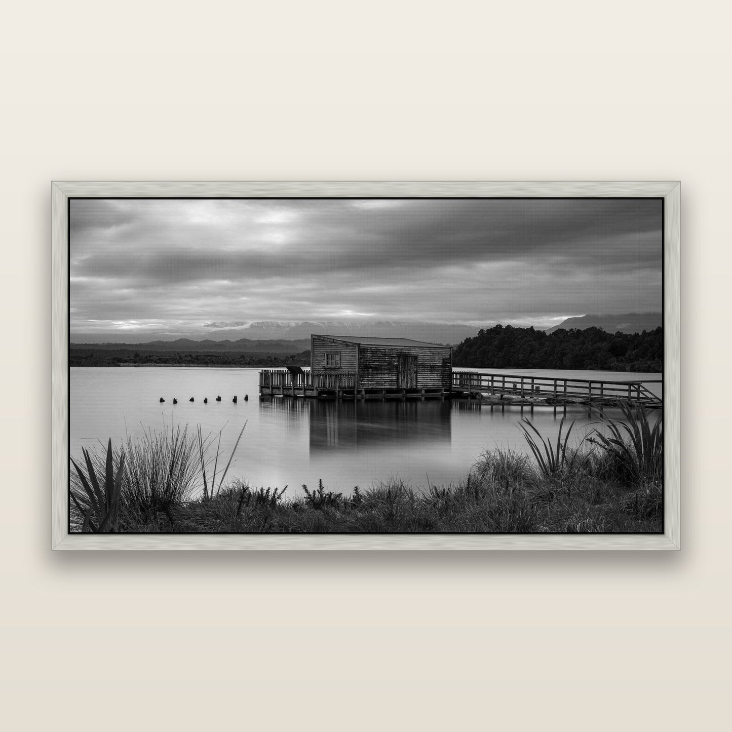 Guardian of the Lagoon, Ōkārito's Tranquil Embrace — framed metallic canvas print, Antique Silver frame. New Zealand fine art landscape wall art by Stephen Milner.