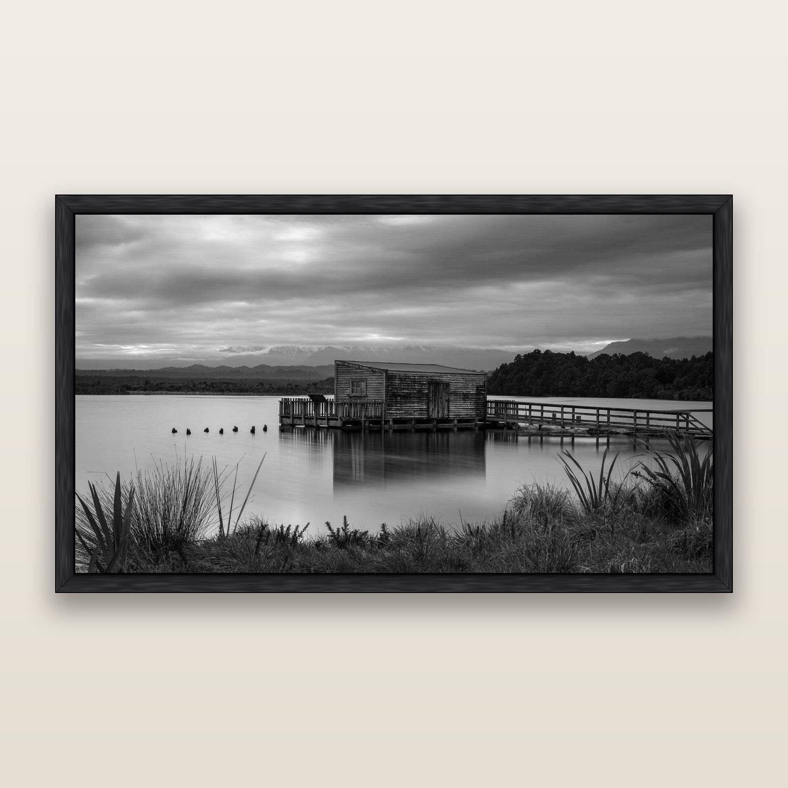 Guardian of the Lagoon, Ōkārito's Tranquil Embrace, framed metallic canvas print, Black frame. New Zealand fine art landscape wall art by Stephen Milner.