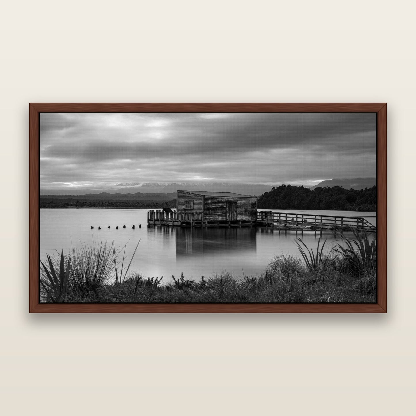 Guardian of the Lagoon, Ōkārito's Tranquil Embrace — framed metallic canvas print, Brown frame. New Zealand fine art landscape wall art by Stephen Milner.